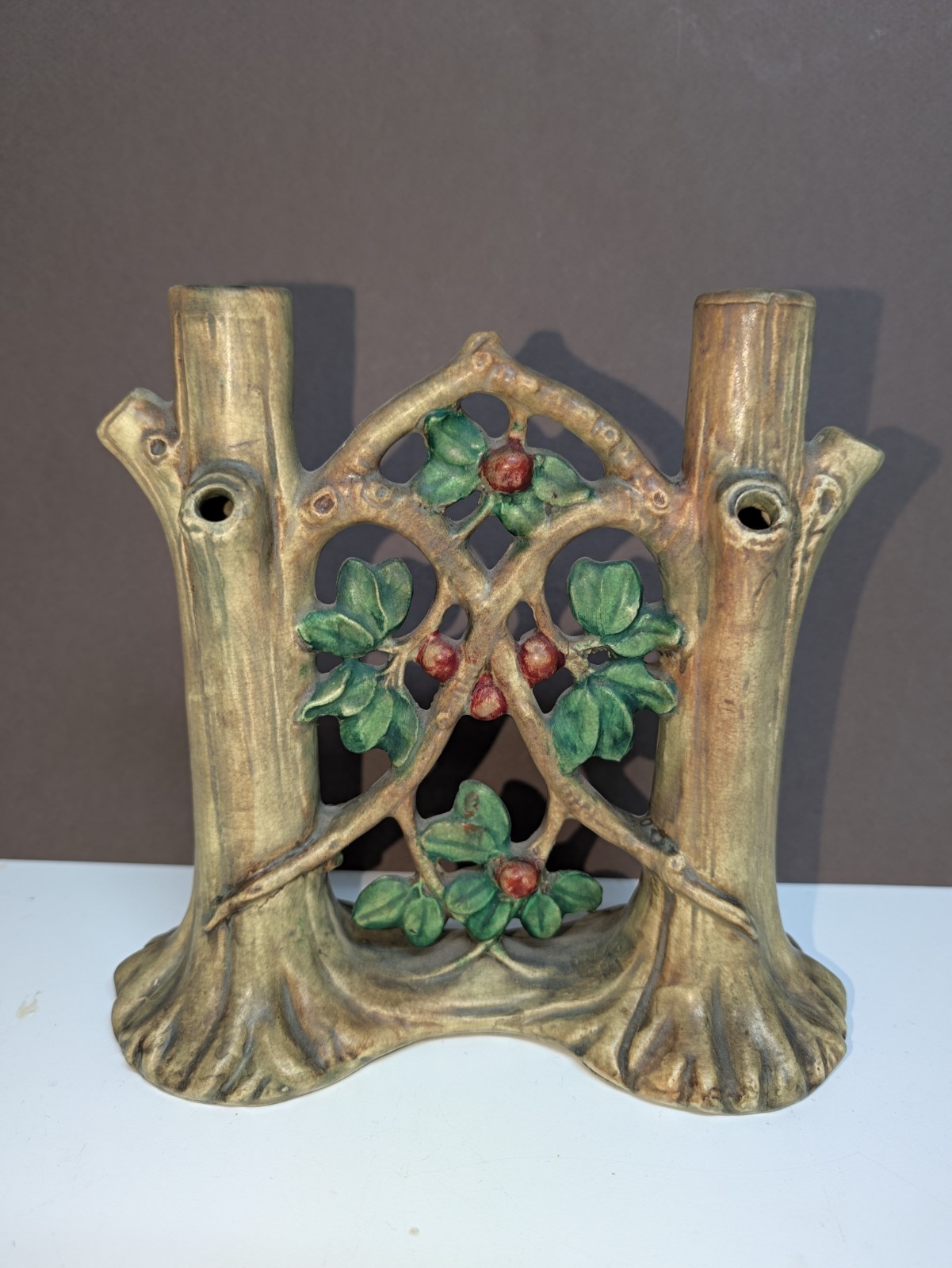 ANTIQUE 1920s WELLER WOODCRAFT APPLE TREE DOUBLE BUD GATE VASE MINT ANTIQUE 1920s WELLER WOODCRAFT APPLE TREE DOUBLE BUD GATE VASE MINT
