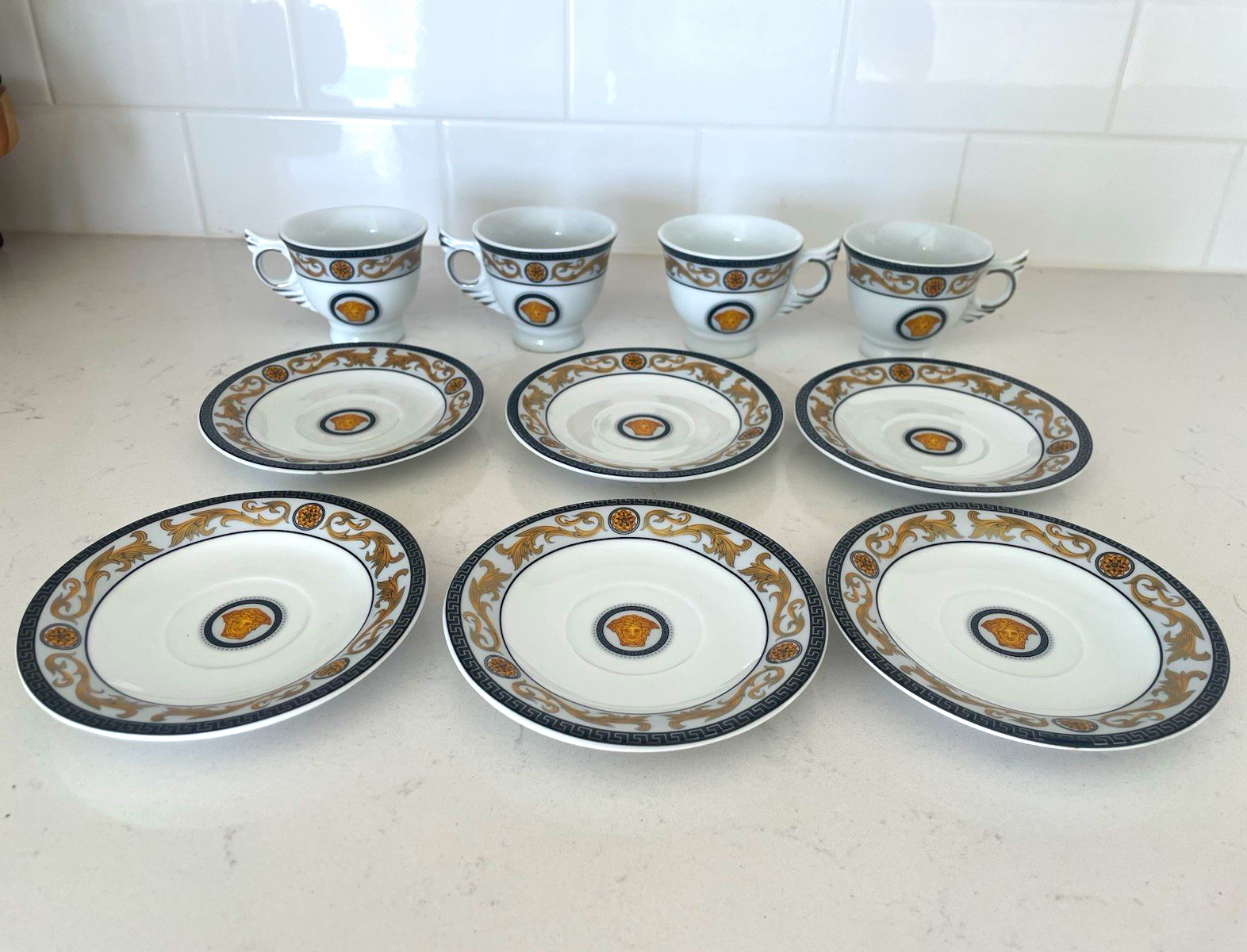 Vintage Greek Key Medusa Style Porcelain Tea Cups & Saucers Set 10pc Gold Black Vintage Greek Key Medusa Style Porcelain Tea Cups & Saucers Set 10pc Gold Black