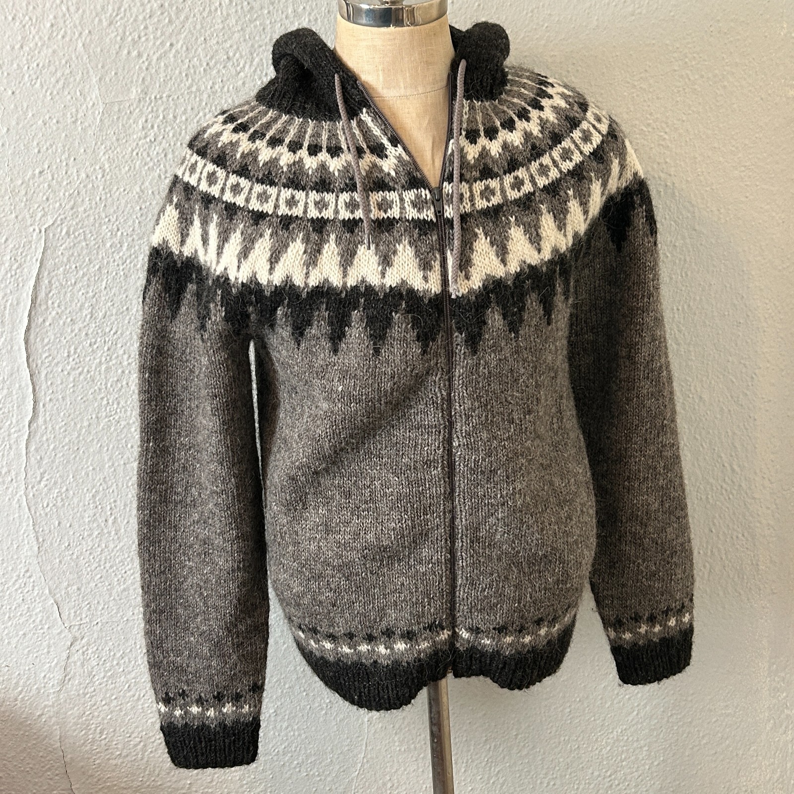 Icelandica Men’s L Wool Sweater Zip Cardigan Fair Isle Hooded