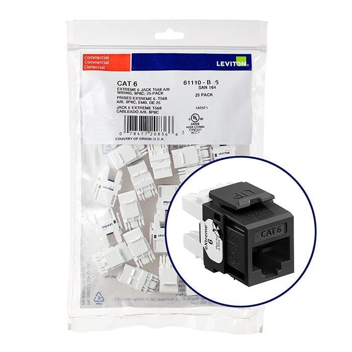 Leviton 61110-BE6 Extreme Cat 6 UTP Quickport Jack Black 25-pack