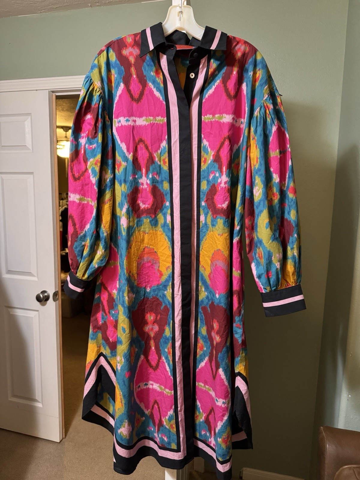 La DoubleJ Printed Midi Shirtdress Multicolor Ikat Long Sleeve Made in Italy XL