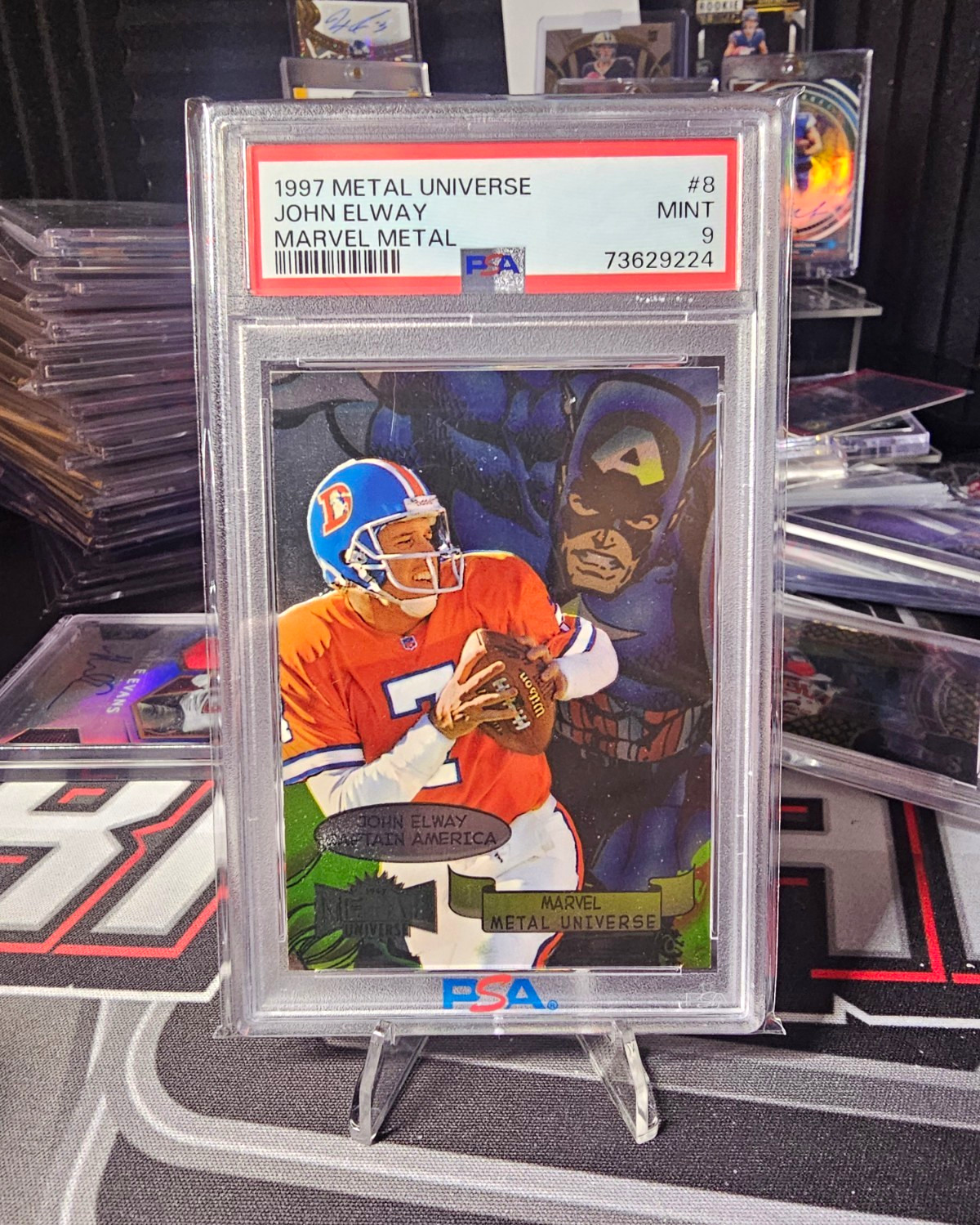 1997 Metal Universe Marvel Metal #8 John Elway / Captain American PSA 9 1997 Metal Universe Marvel Metal #8 John Elway / Captain American PSA 9