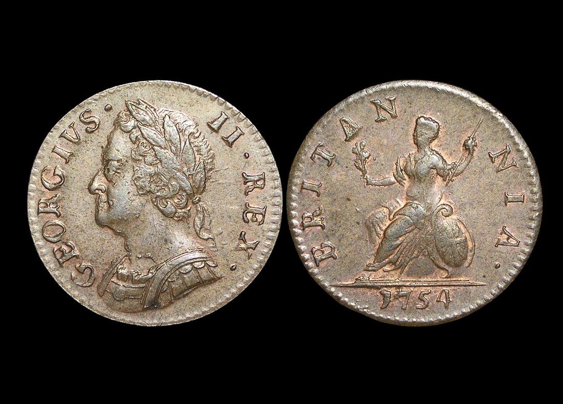 Great Britain, George II (1727-1760), Copper Farthing, 1754, a lot of (1) coin(A Great Britain, George II (1727-1760), Copper Farthing, 1754, a lot of (1) coin(A