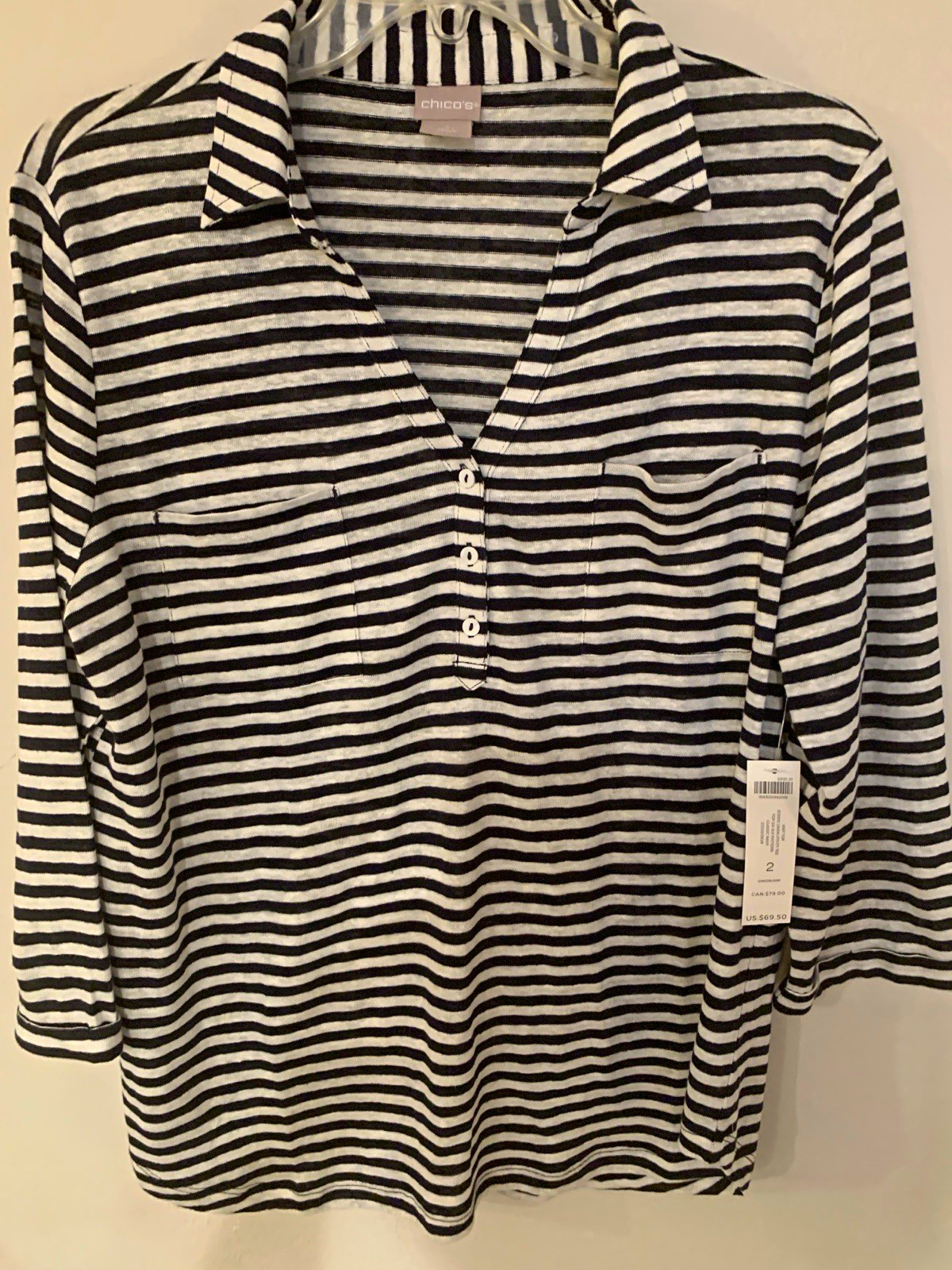 Chico\'s Black White Stripe Linen Knit CollarButton Top 3/4 Sleeve size 2/L NWT Chico\'s Black White Stripe Linen Knit CollarButton Top 3/4 Sleeve size 2/L NWT