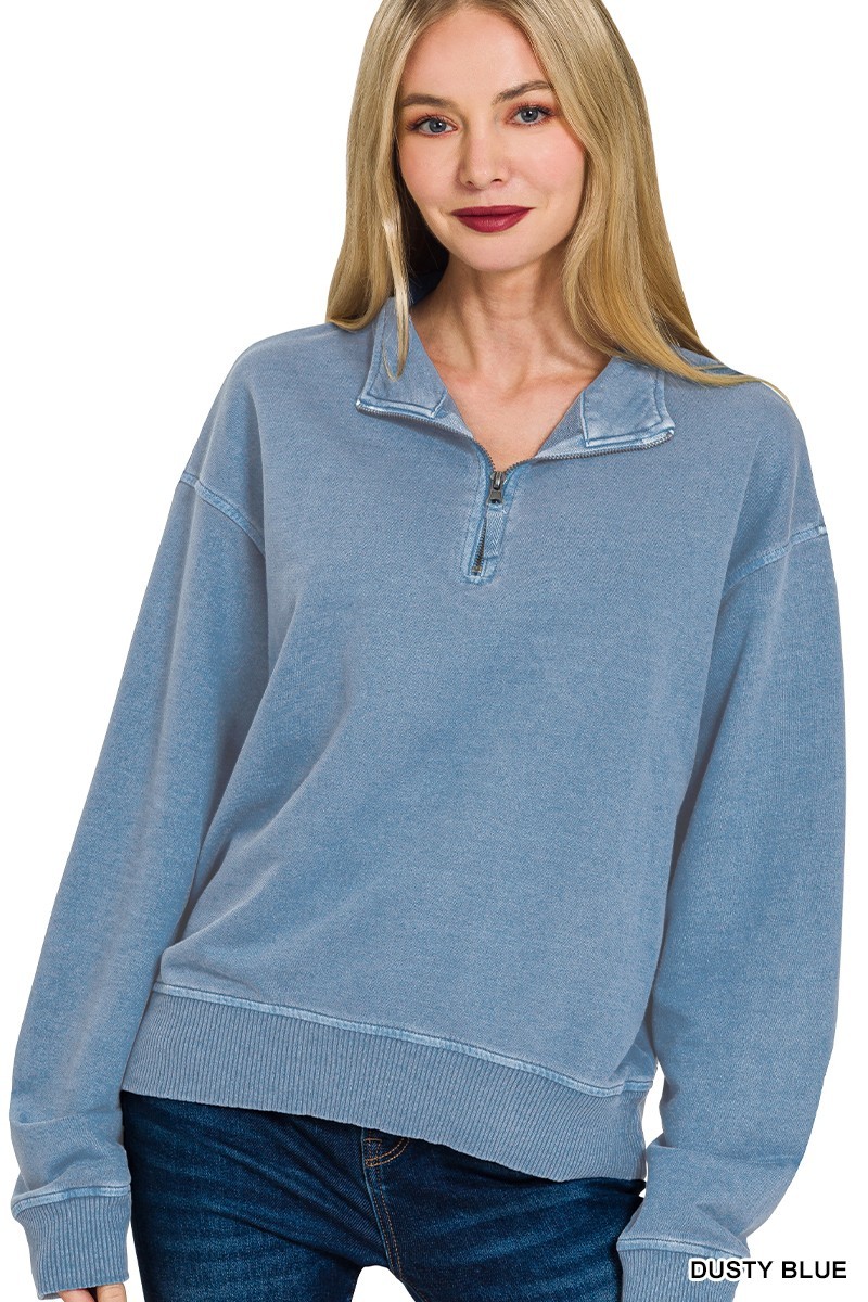 ZENANA DUSTY BLUE FRENCH TERRY PIGMENT DYE & ENZYEM WHSHING HALF ZIP PULLOVER ZENANA DUSTY BLUE FRENCH TERRY PIGMENT DYE & ENZYEM WHSHING HALF ZIP PULLOVER