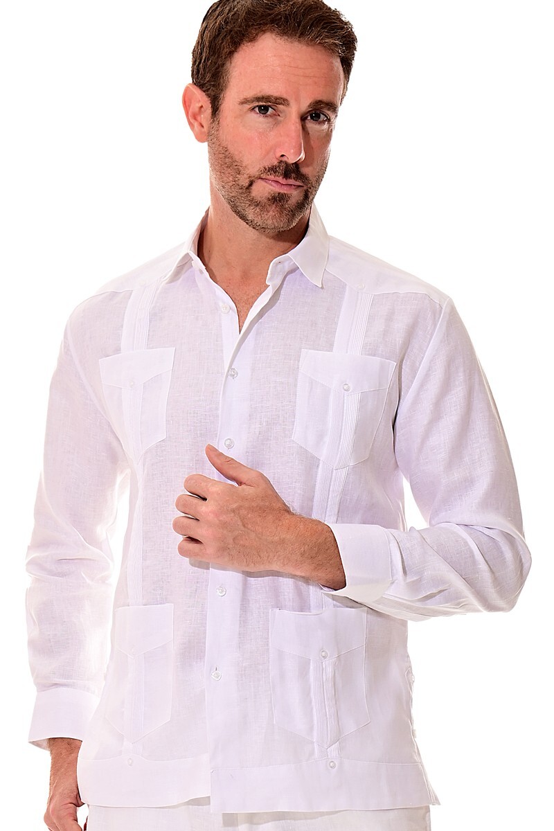Bohio Mens 100% Linen Cuban Guayabera Shirt - White Traditional 4-Pocket- MLS501 Bohio Mens 100% Linen Cuban Guayabera Shirt - White Traditional 4-Pocket- MLS501