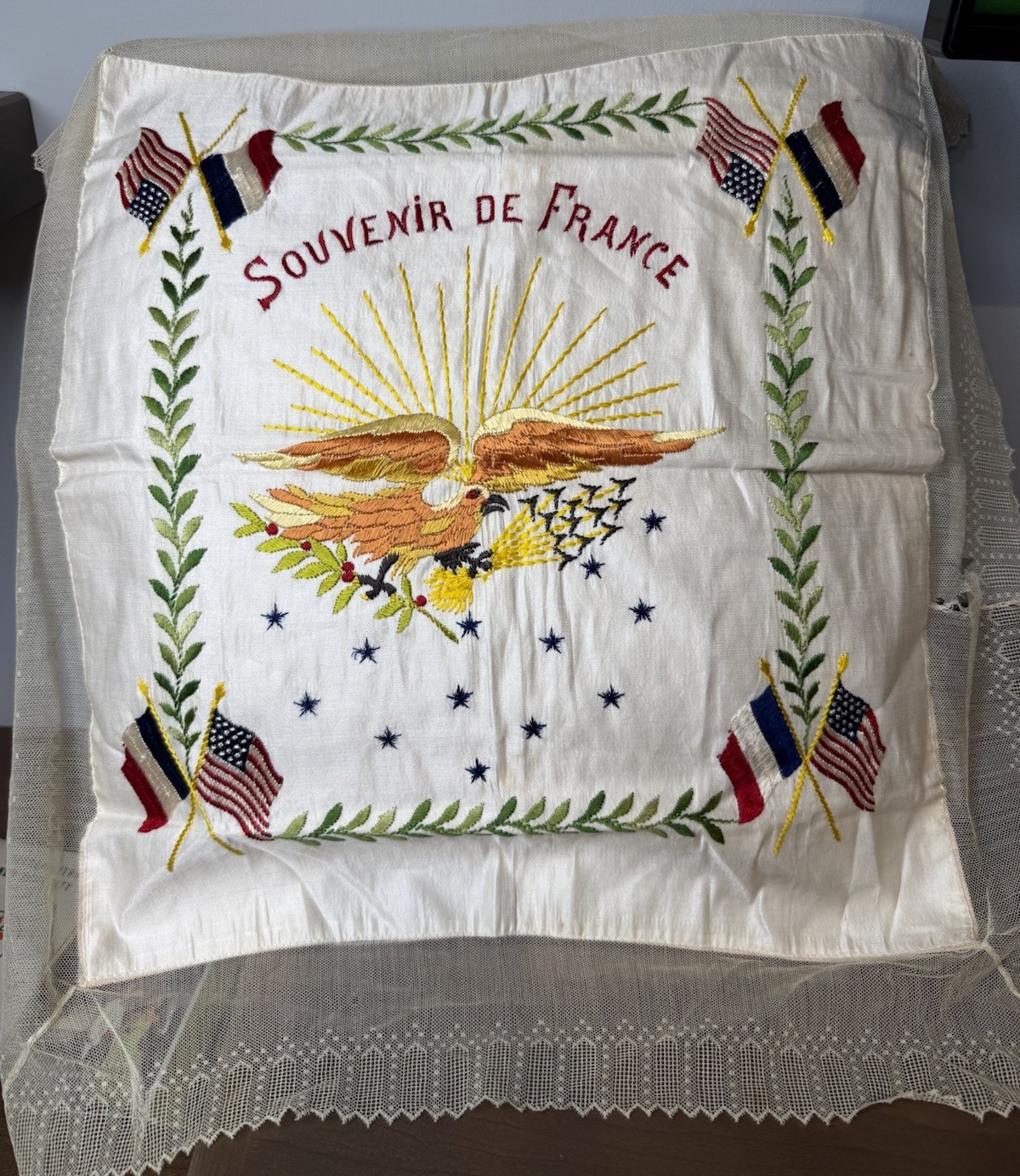 WWI French USA Silk Sweetheart Pillow Cover c.1910s Patriotic Flag Embroidery