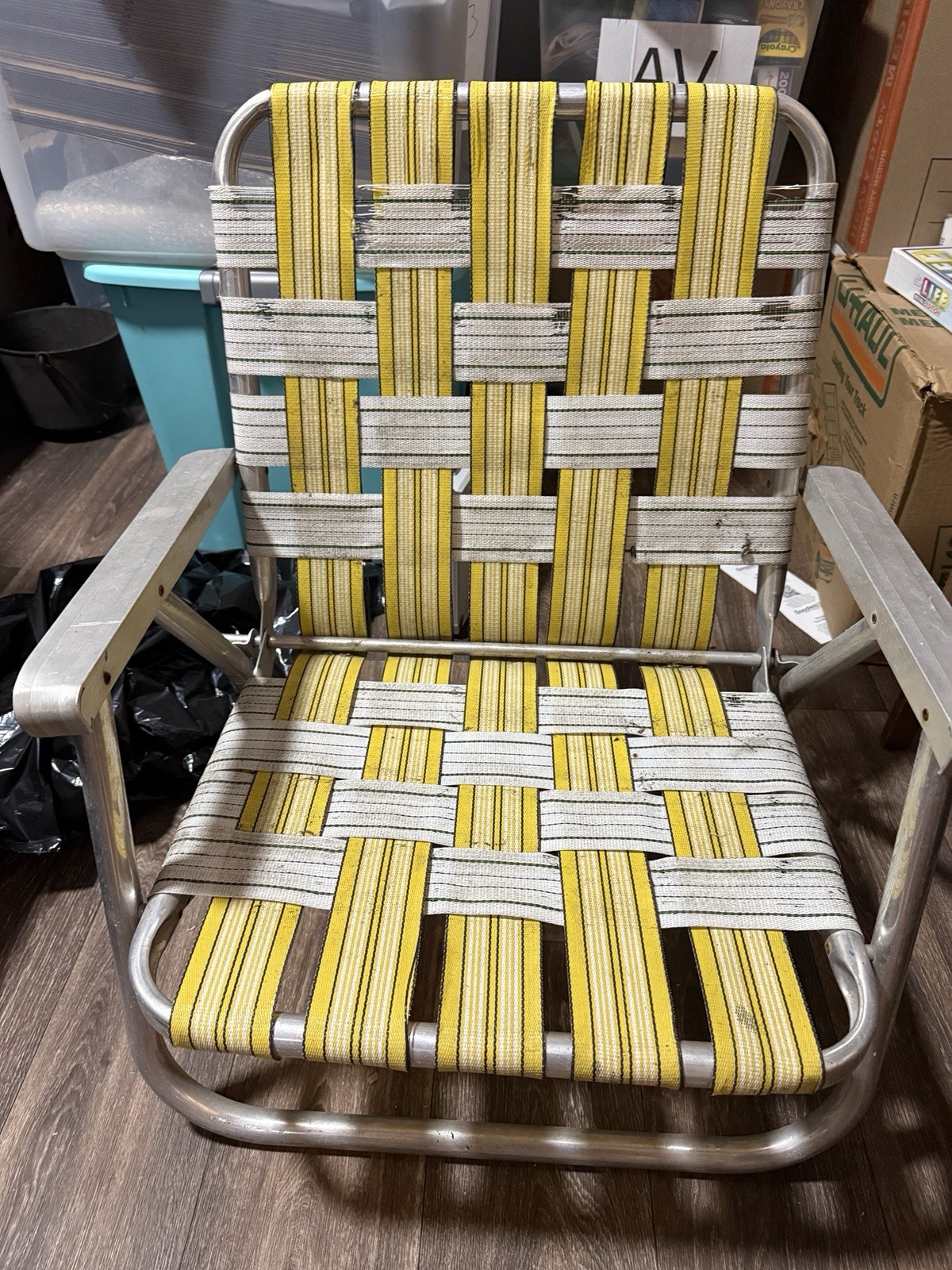 Vintage yellow Webbed Aluminum Folding Lawn Chair Low