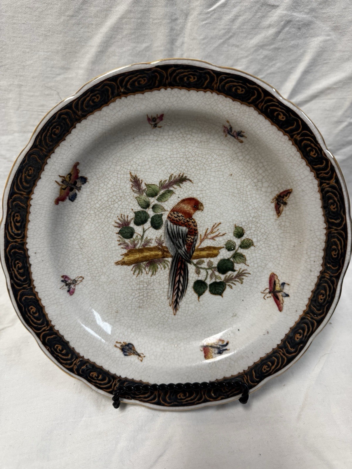 Vintage Hua Ping Tang Zhi Crackled Plate Set Of4 with Vibrant Feathered Parrots