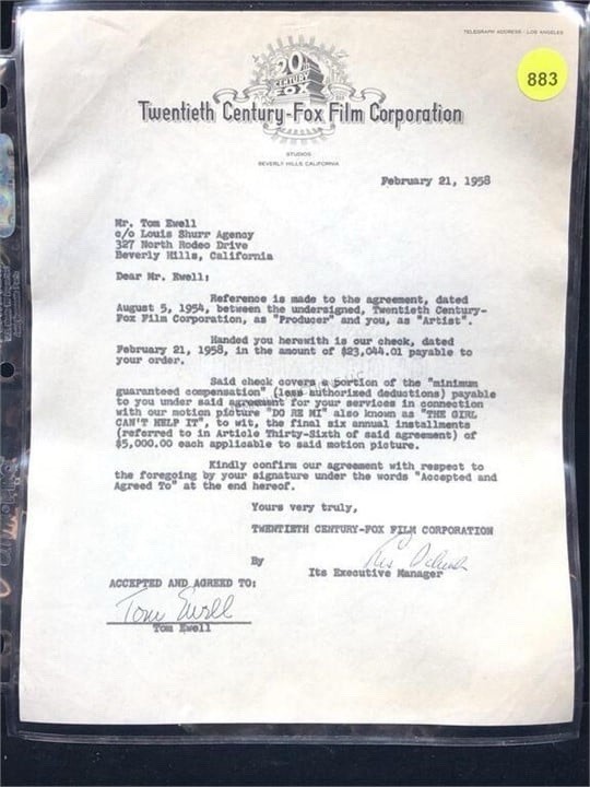 Arthur E. Arling Signed Contract with 20th C. Fox