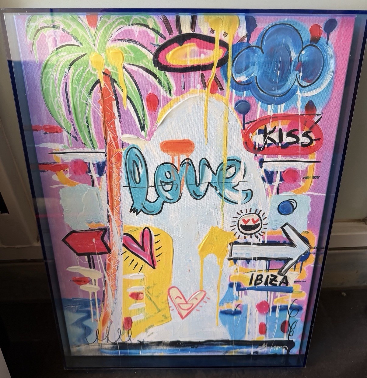 Mercedes Lagunas Pop Art Abstract Love Ibiza Kiss Painting, Framed & Signed
