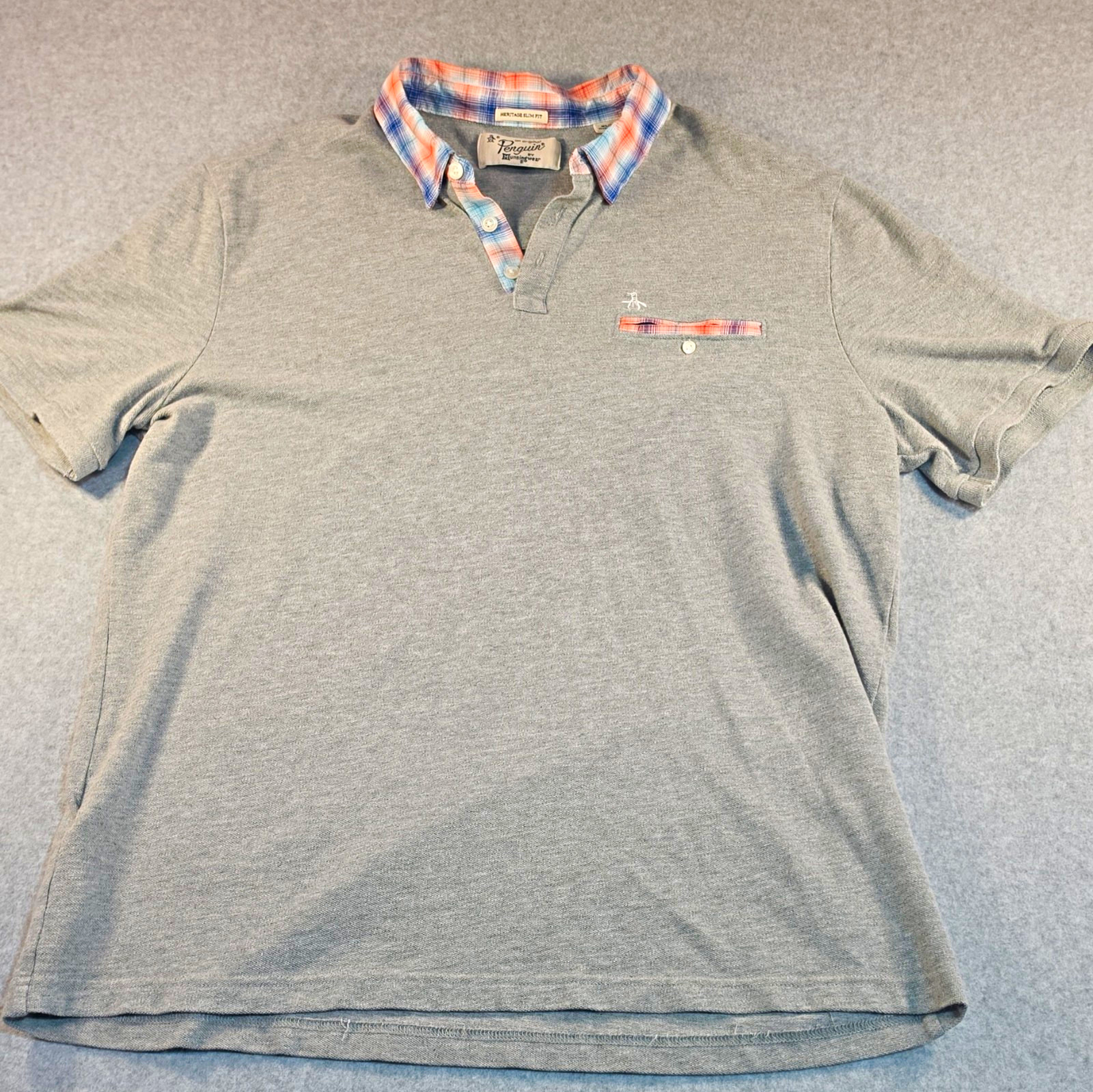 Original Penguin Heritage Slim Fit Men\'s XL Gray Cotton Golf Polo Pocket Logo Original Penguin Heritage Slim Fit Men\'s XL Gray Cotton Golf Polo Pocket Logo