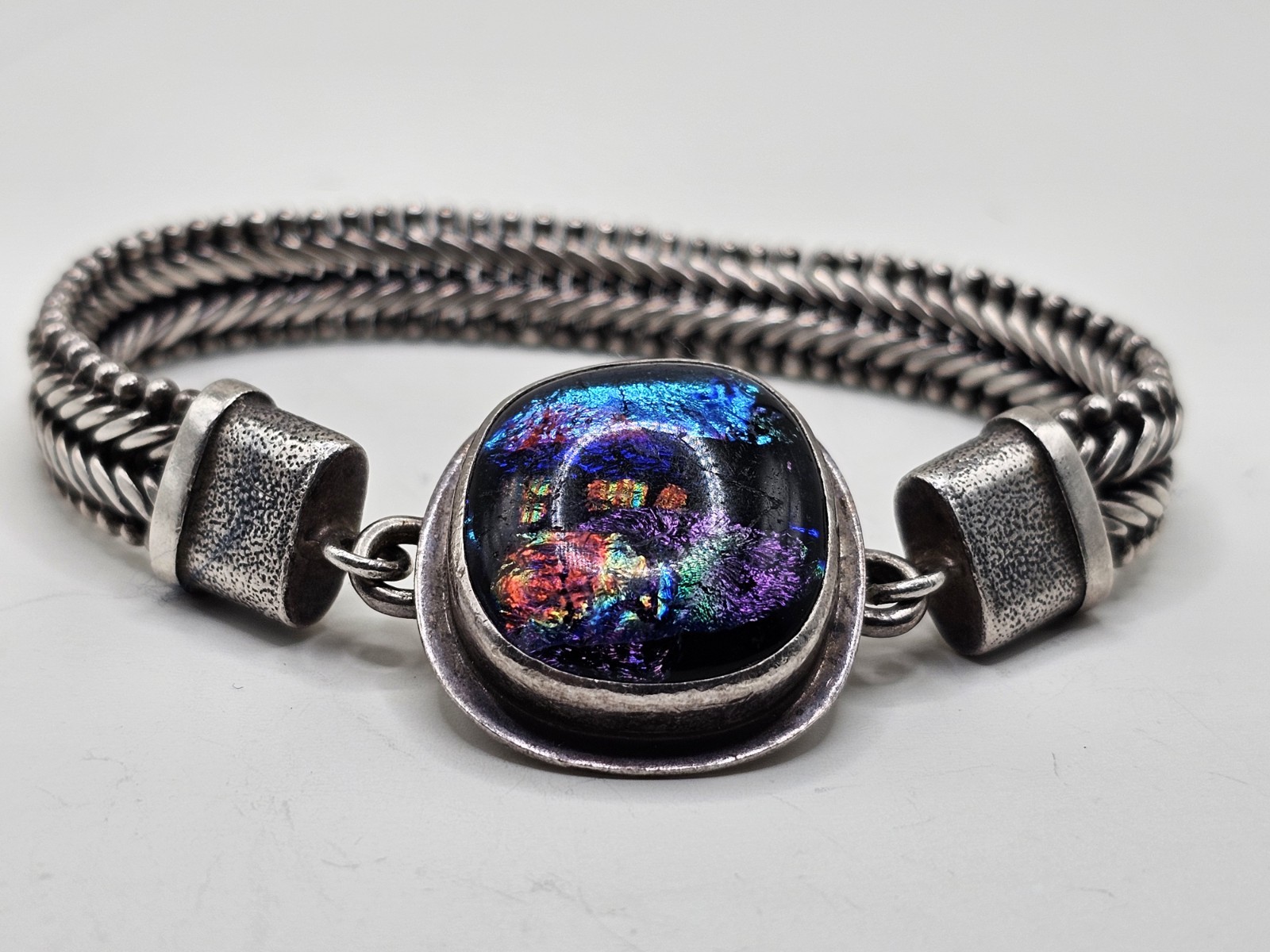 Vintage Tabra Sterling Silver Woven Connector Bracelet w Dichroic Glass Charm