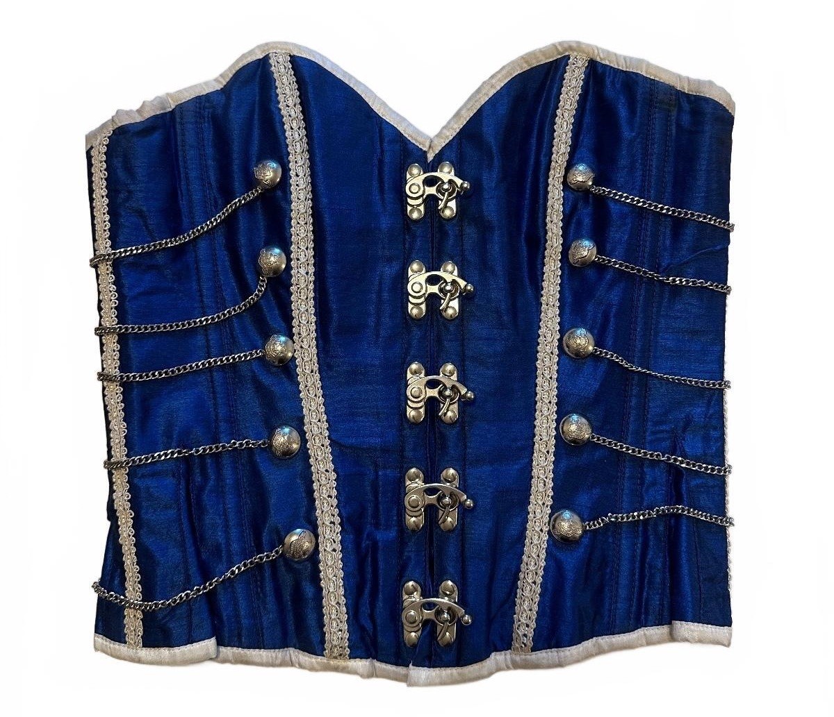 Women’s Steampunk Military Inspired Steel Boned Overbust Corset Satin Blue 28