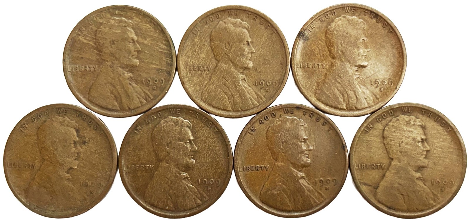 (7) 1909 S US LINCOLN WHEAT CENT 1C CIRC COIN LOT SAN FRANCISCO MINT