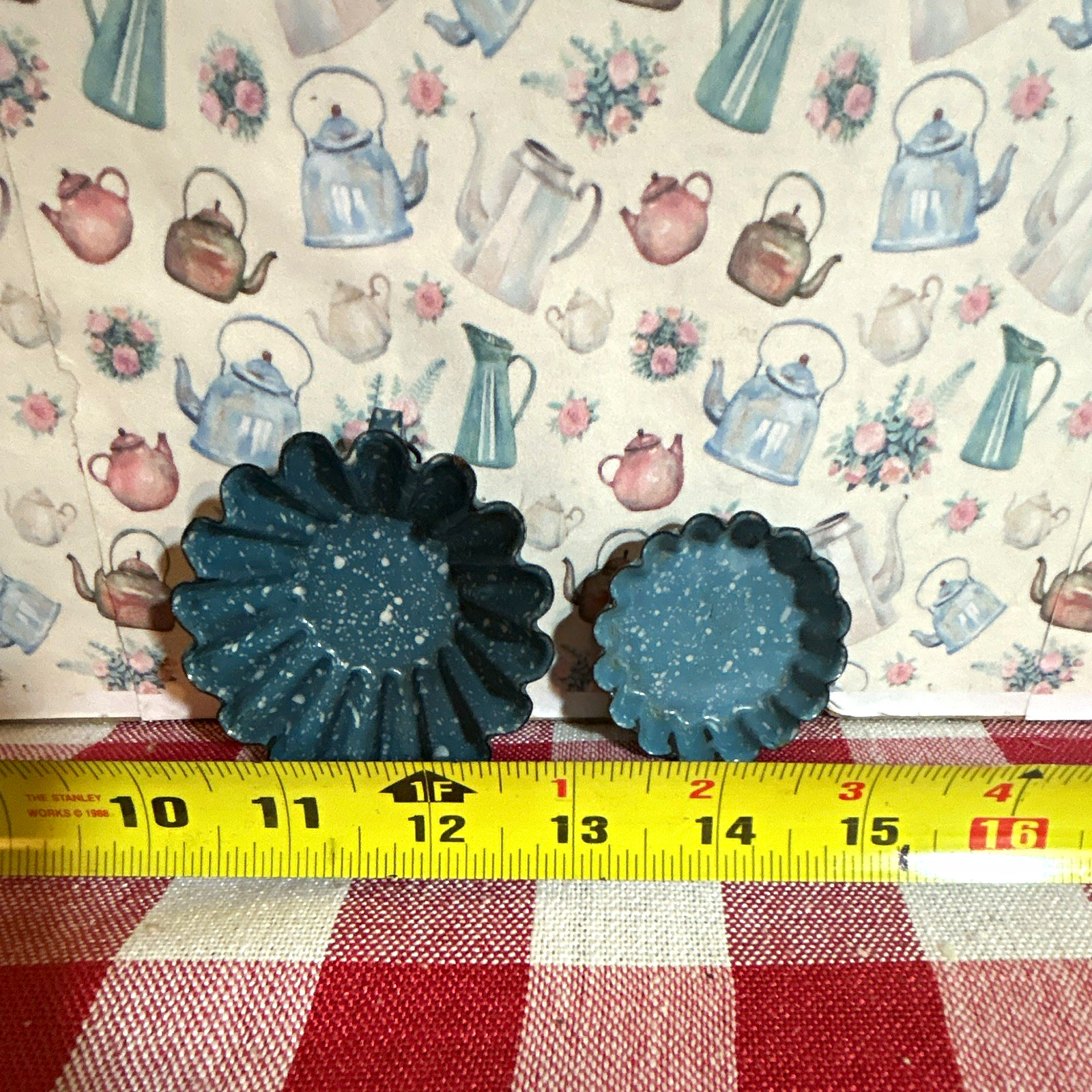 Antique toy 2pc Blue/White Speckled enamelware Fluted Candy & Chocolate Molds Antique toy 2pc Blue/White Speckled enamelware Fluted Candy & Chocolate Molds