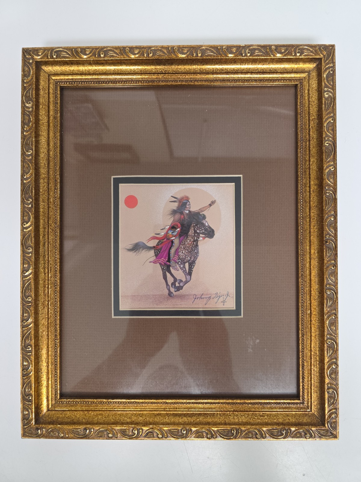 Johnny Tiger Jr., Eclipse 1991, Native American Horseman, Signed Framed Print