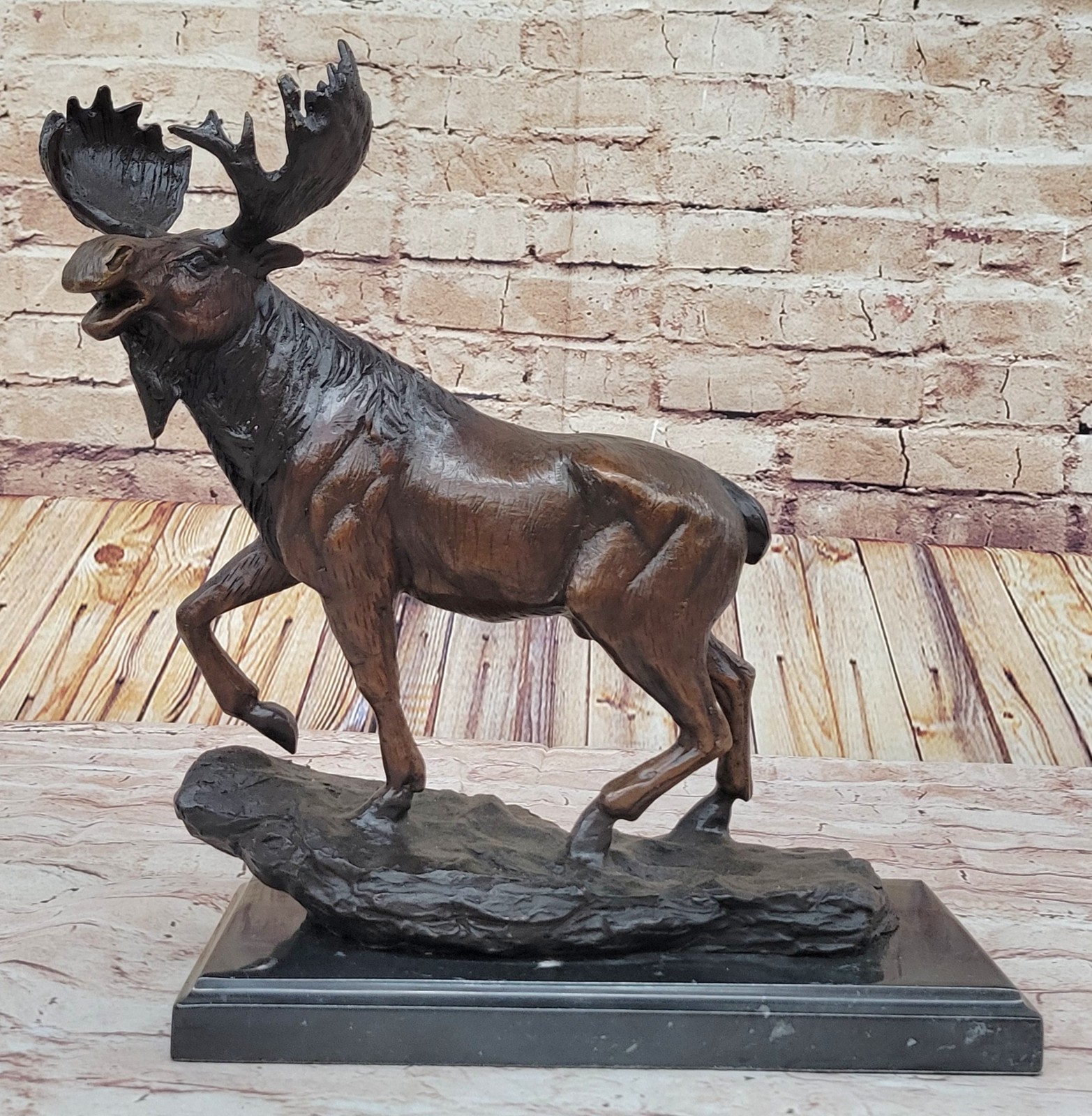 Moose Hunter Lodge Bookend Wildlife Art Signed Bronze Marble Statue Sculpture