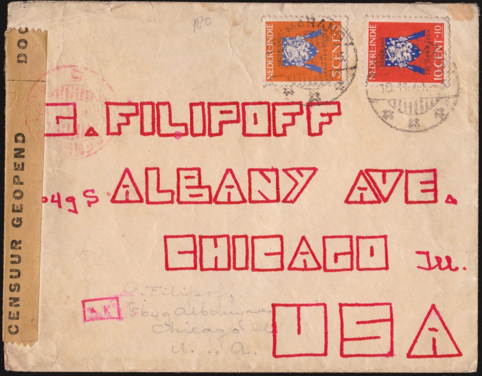 Netherlands Indies 10-18-1941 Censored Cover #B49 #B50 Semarang-Chicago