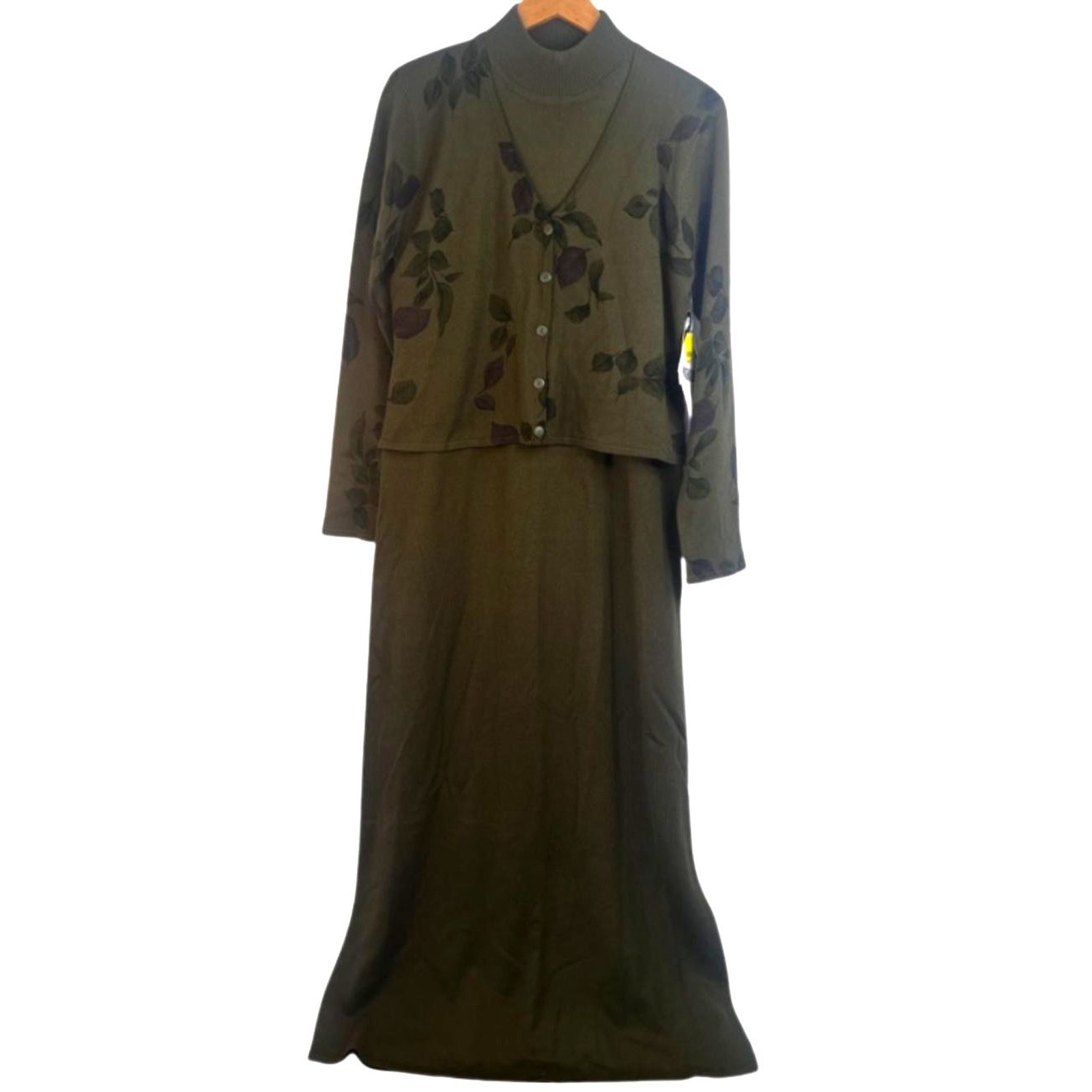 VTG Lennie for Nina Leonard Sweater Dress Mock Neck Foliage Long Size MD