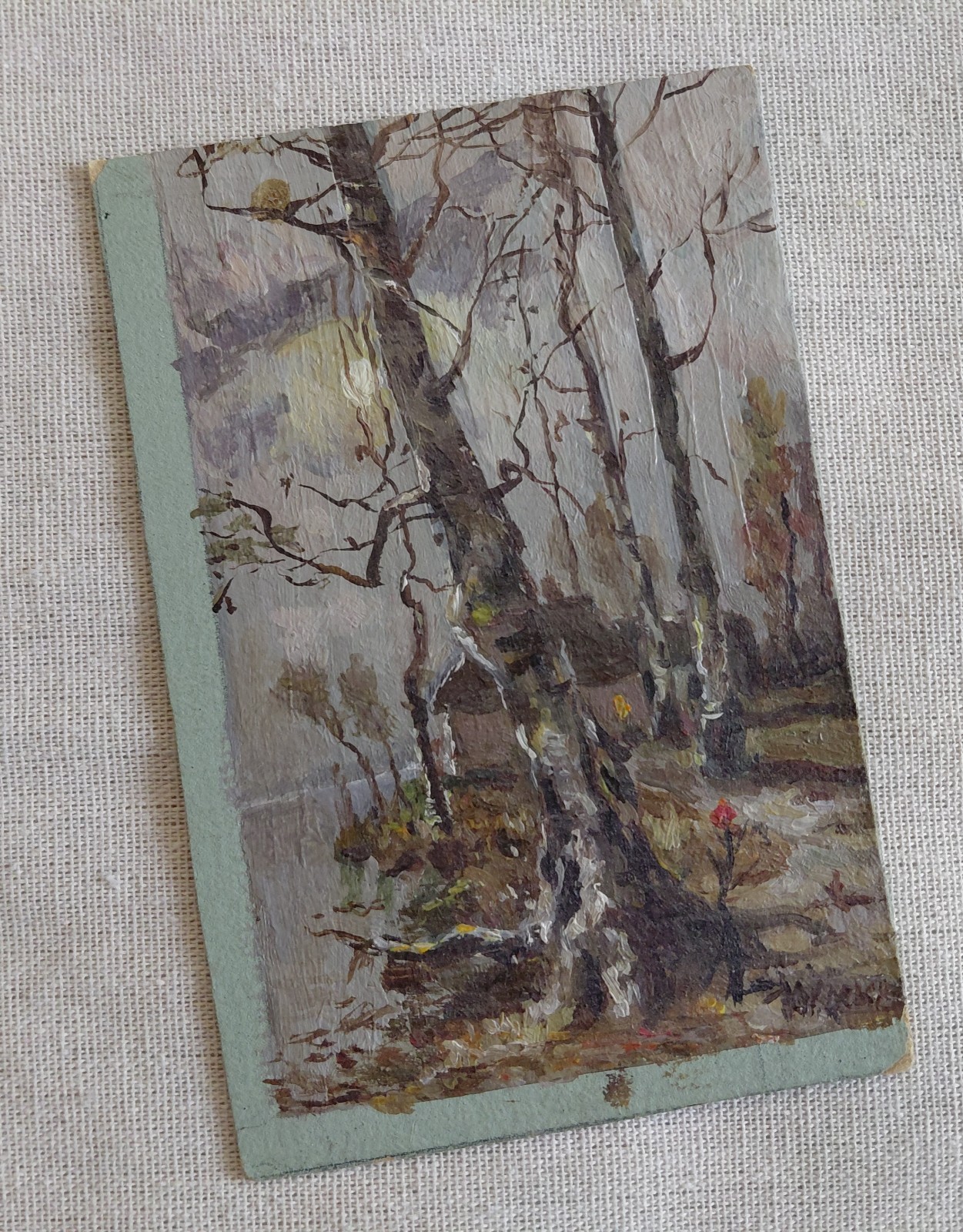 Antique Original Moonlit Landscape Oil Painting on Cardboard Russian School