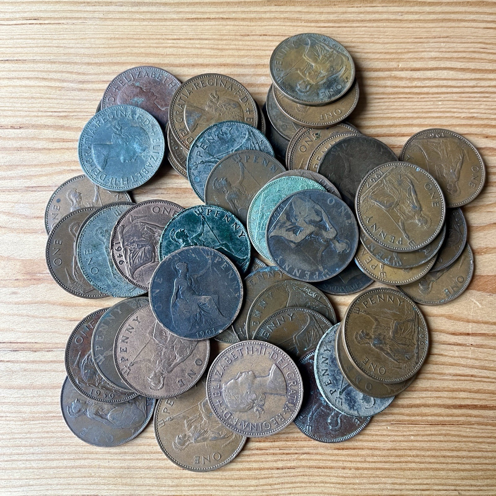 49 x Old British One Penny Coins 1901–1967 George V VI Elizabeth II Job Lot
