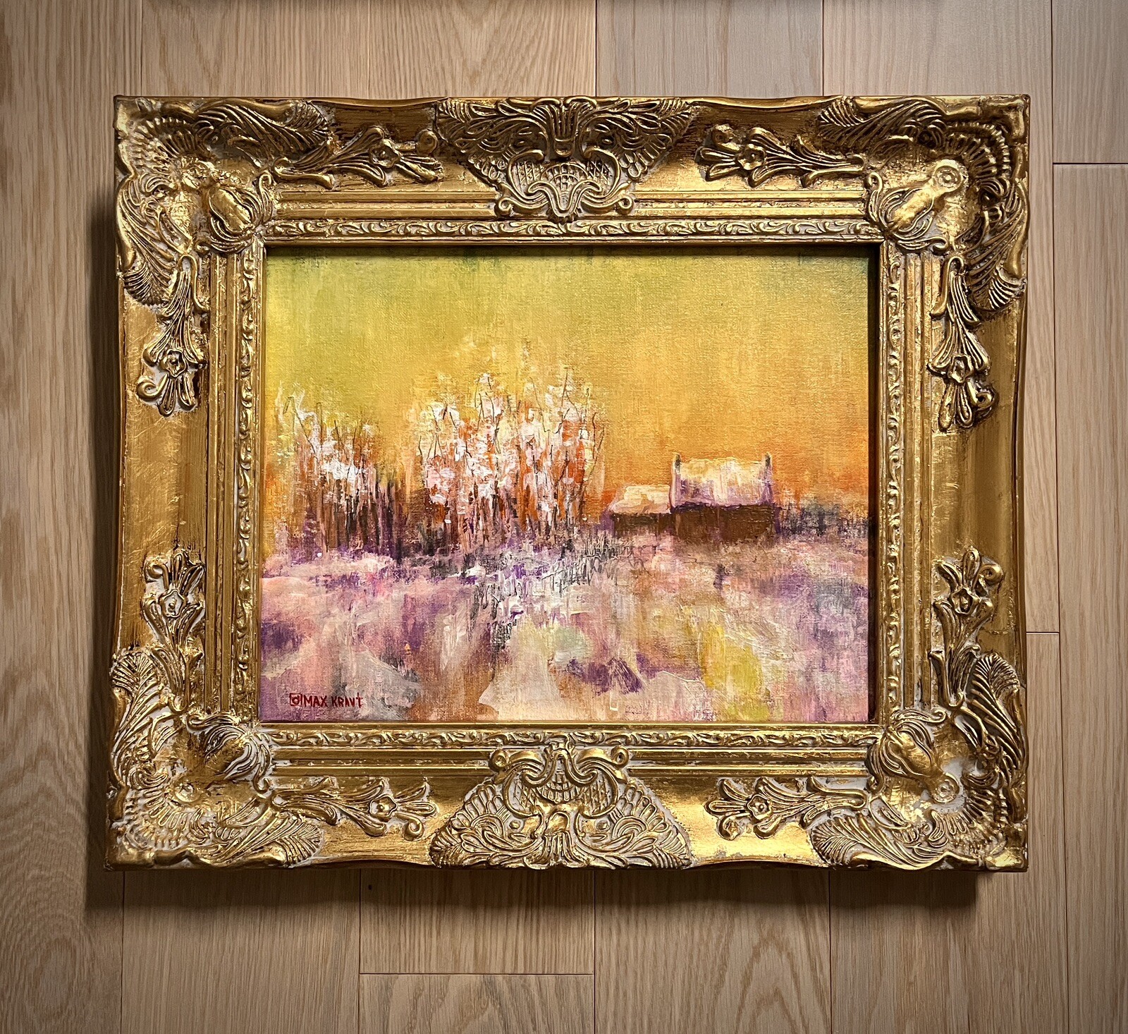 Collector Oil Painting Unique Sunset Winter Forest Stream Rural Landscape Art US