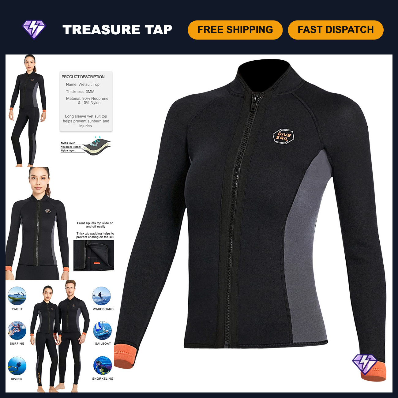 3mm Neoprene Wetsuit Jacket Top for Men & Women, Front Zip, Long Sleeve, Surfing 3mm Neoprene Wetsuit Jacket Top for Men & Women, Front Zip, Long Sleeve, Surfing