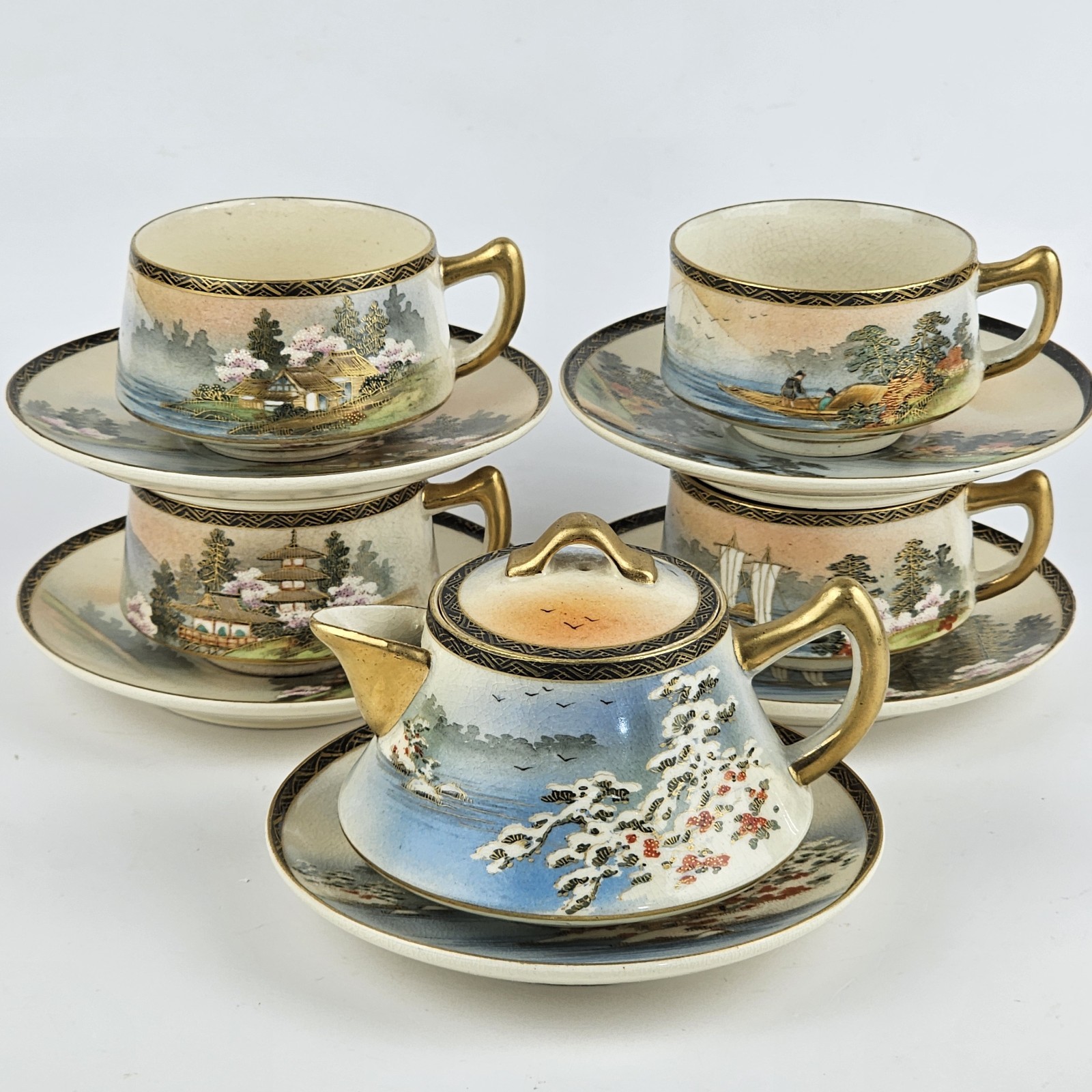 Vintage Japanese Satsuma Tea Set Hand-Painted Mount Fuji Waterside Villages