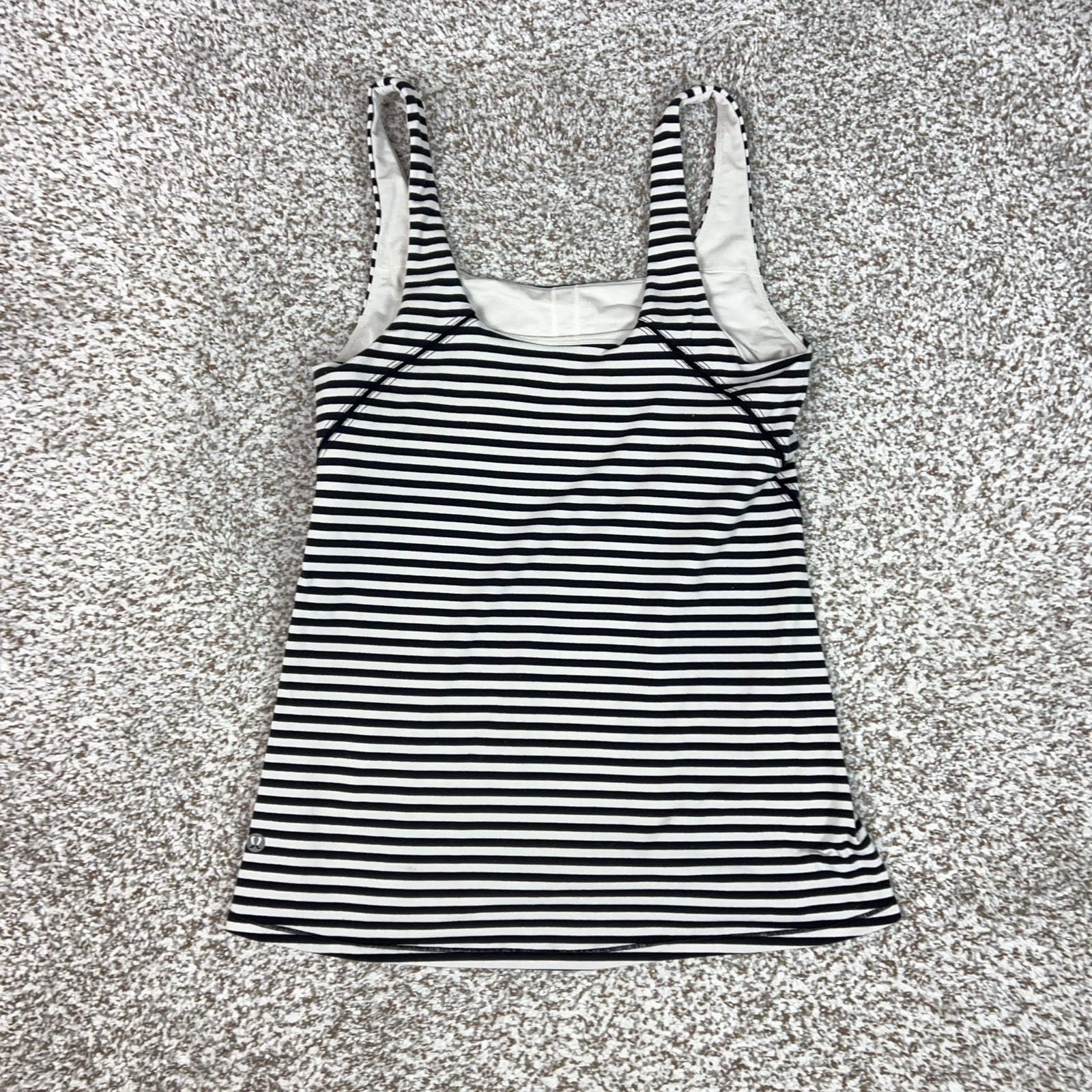 Lululemon Tank Top Womens M Black White Striped Built In Bra Yoga Gym Workout