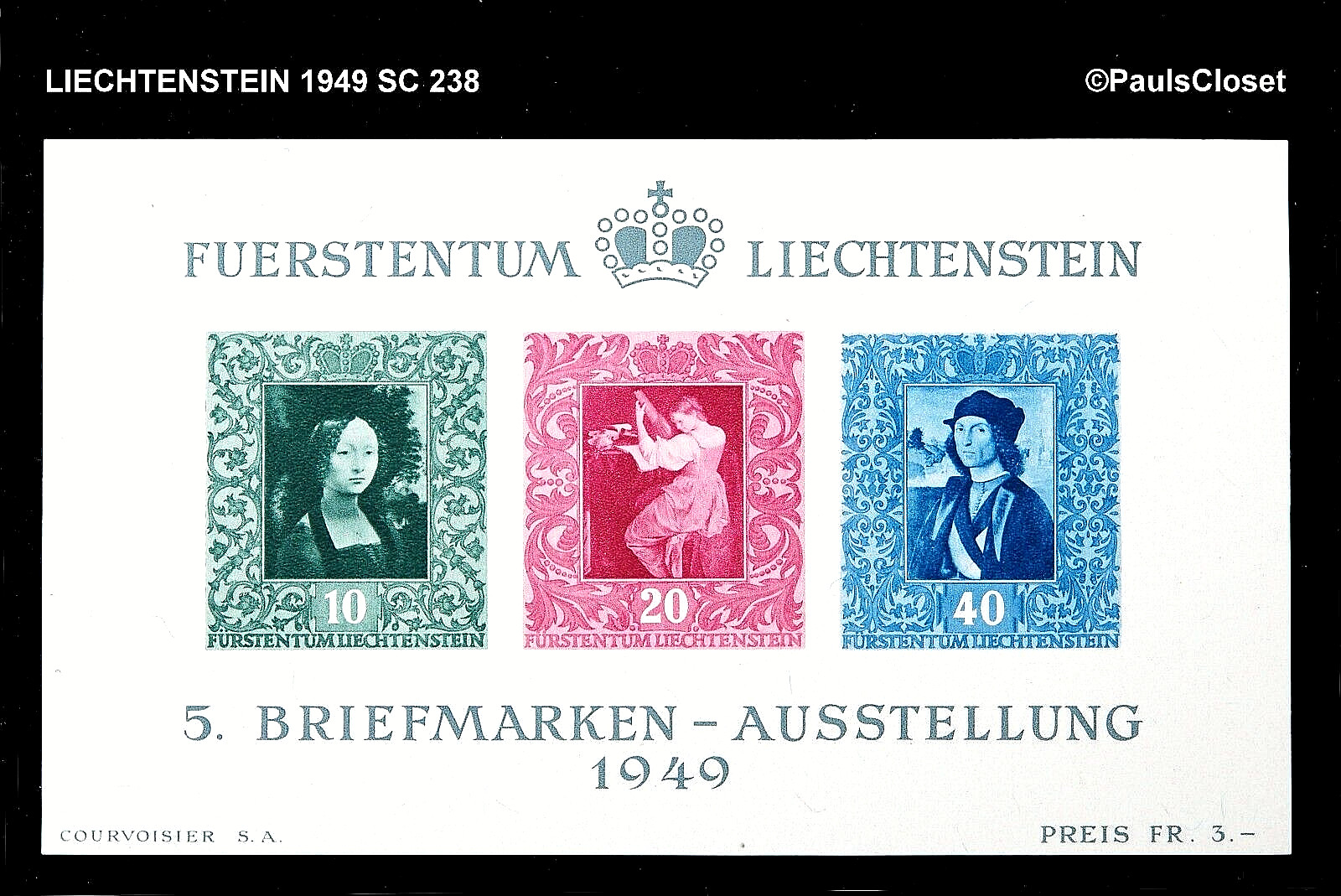 LIE 1949 SC 238 5TH PHILATELIC EXHIBITION 10rp, 20rp, & 40 MNH OG VERY FINE