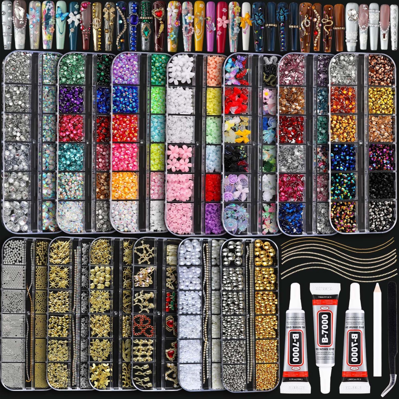 DIY Nail Art Bedazzling Kit - 18000 Pcs Rhinestones & Charms, 13 Boxes of 3D Gem