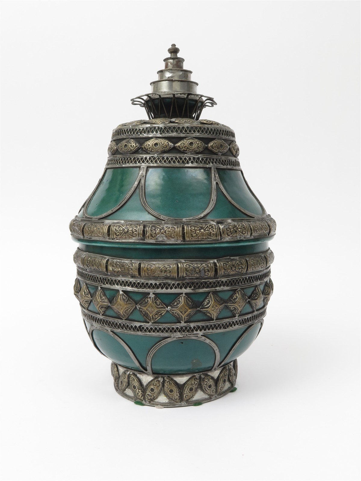 Vintage Moroccan Fez Pottery Covered Jar Green Glaze Nickel Filigree 15.5