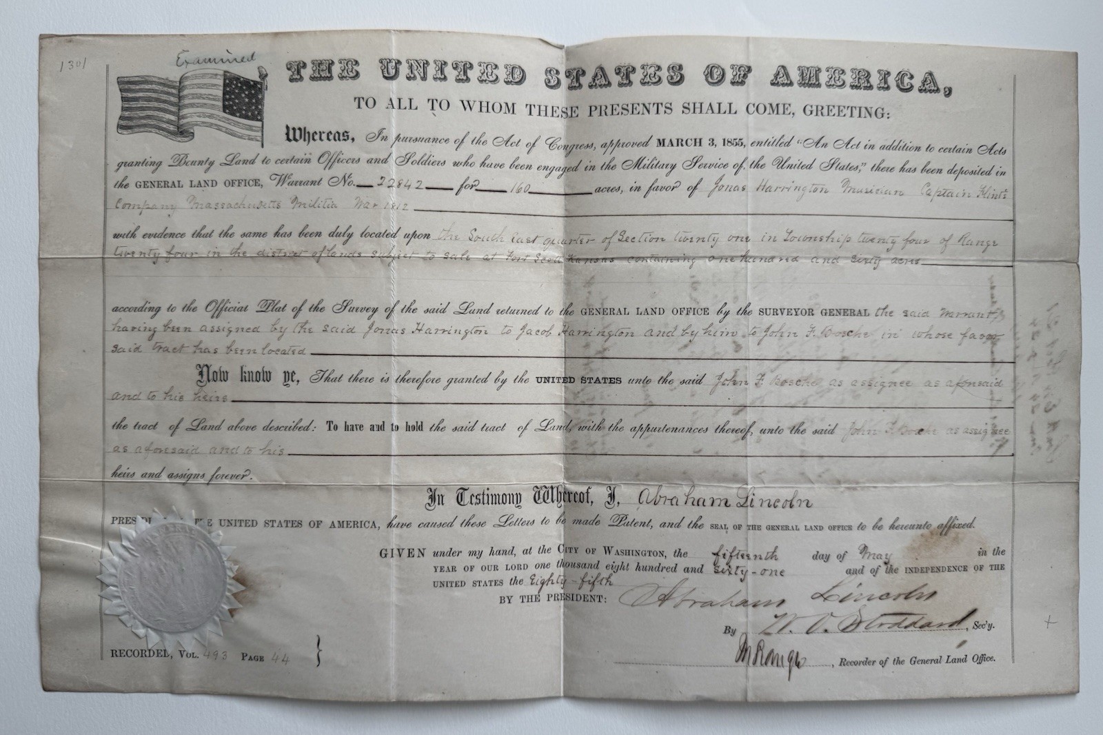 1861 Abraham Lincoln Administration Land Patent 
