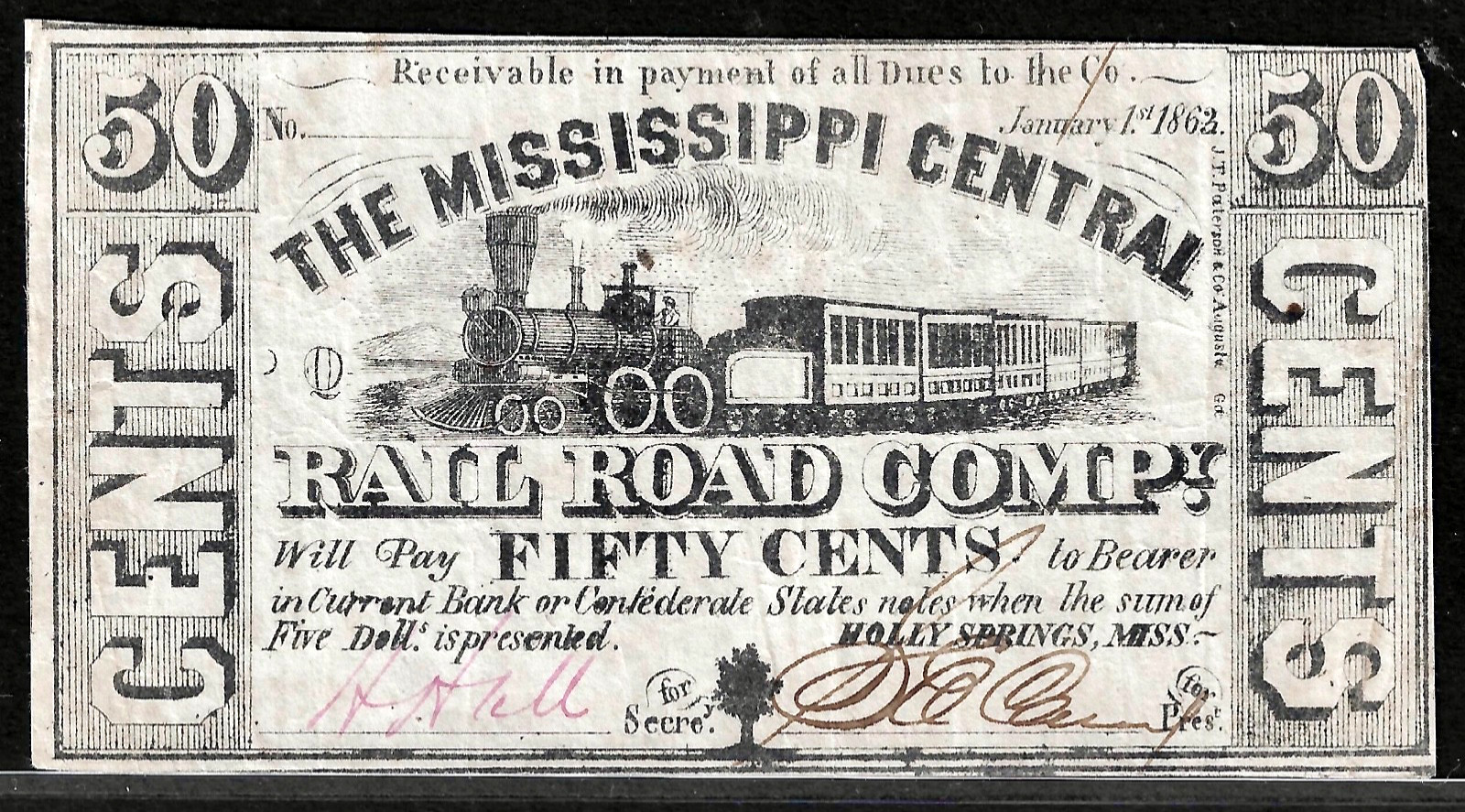 Jan 1, 1863 Holly Springs Mississippi Central Railroad Co  50¢ Obsolete Note