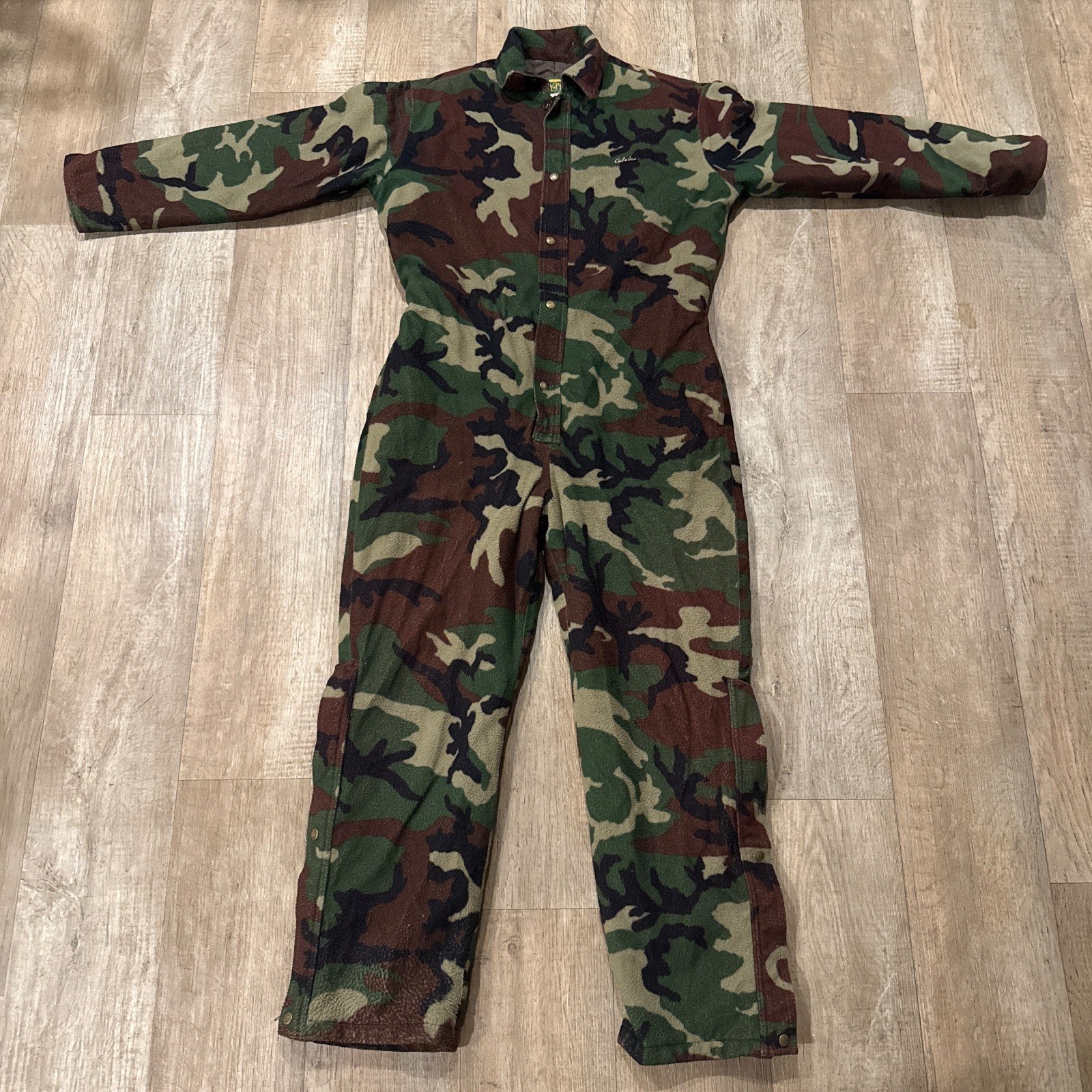 VTG 80s Cabela\'s Dry-Plus Fleece Camo Hunting Coveralls Jumpsuit Mens Large USA