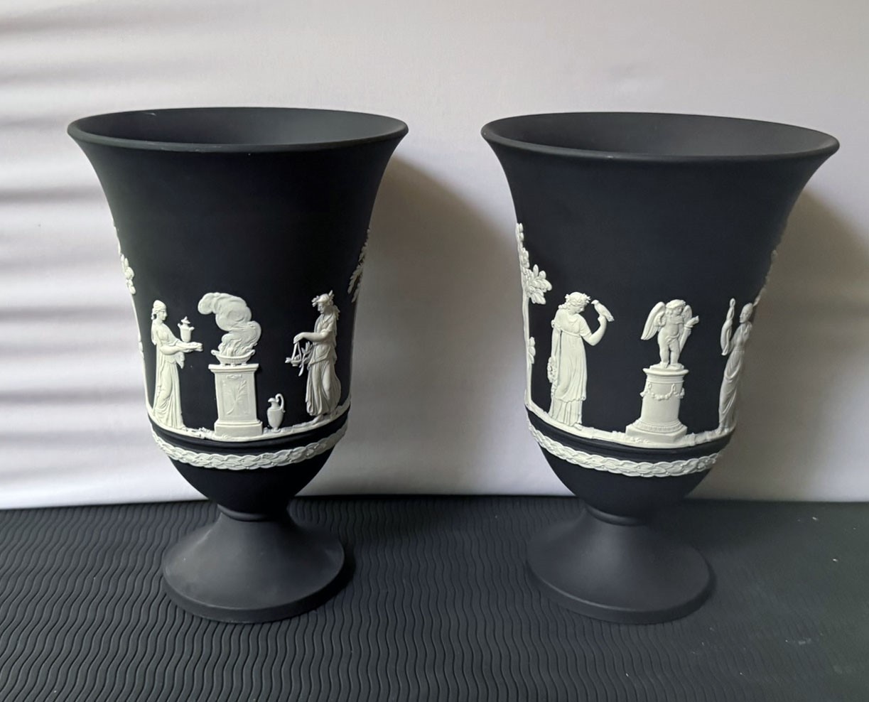 Stunning Pair of Vintage Wedgwood Black Basalt Jasperware Pedestal Vases – RARE
