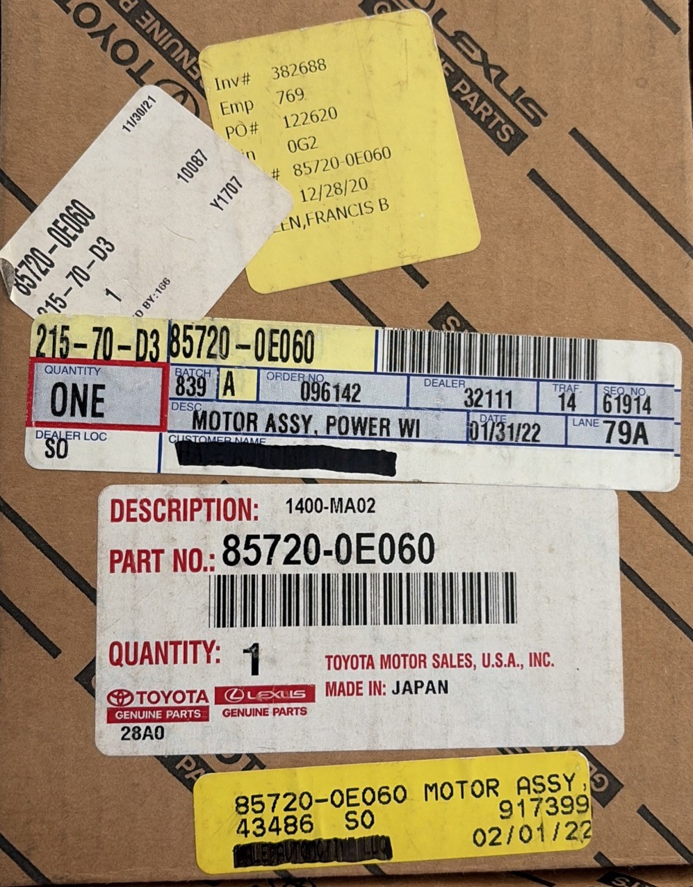 14-19 Toyota Highlander Driver Front LH Window Motor OEM 85720-0E060 New 
