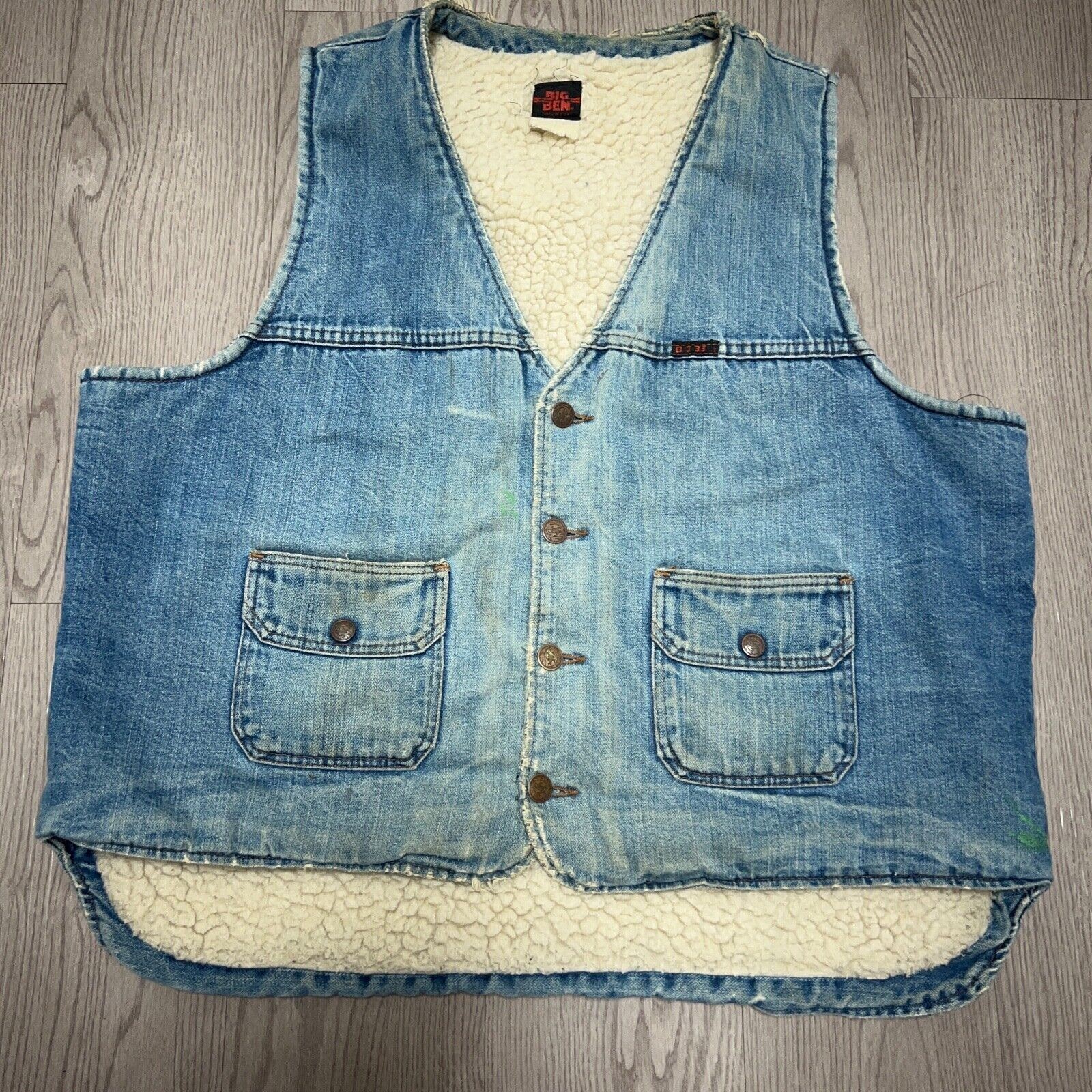 Vintage Big Ben Sherpa Vest Mens Trucker Biker Distressed Wash Denim XL USA Made