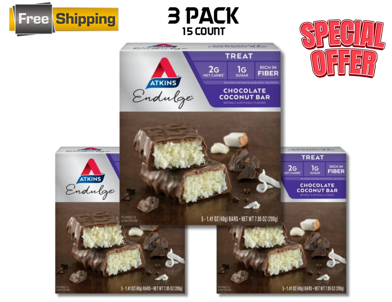 Atkins Endulge Treat, Chocolate Coconut Bar, Keto Friendly, 5 Ct (3 Pk) Atkins Endulge Treat, Chocolate Coconut Bar, Keto Friendly, 5 Ct (3 Pk)