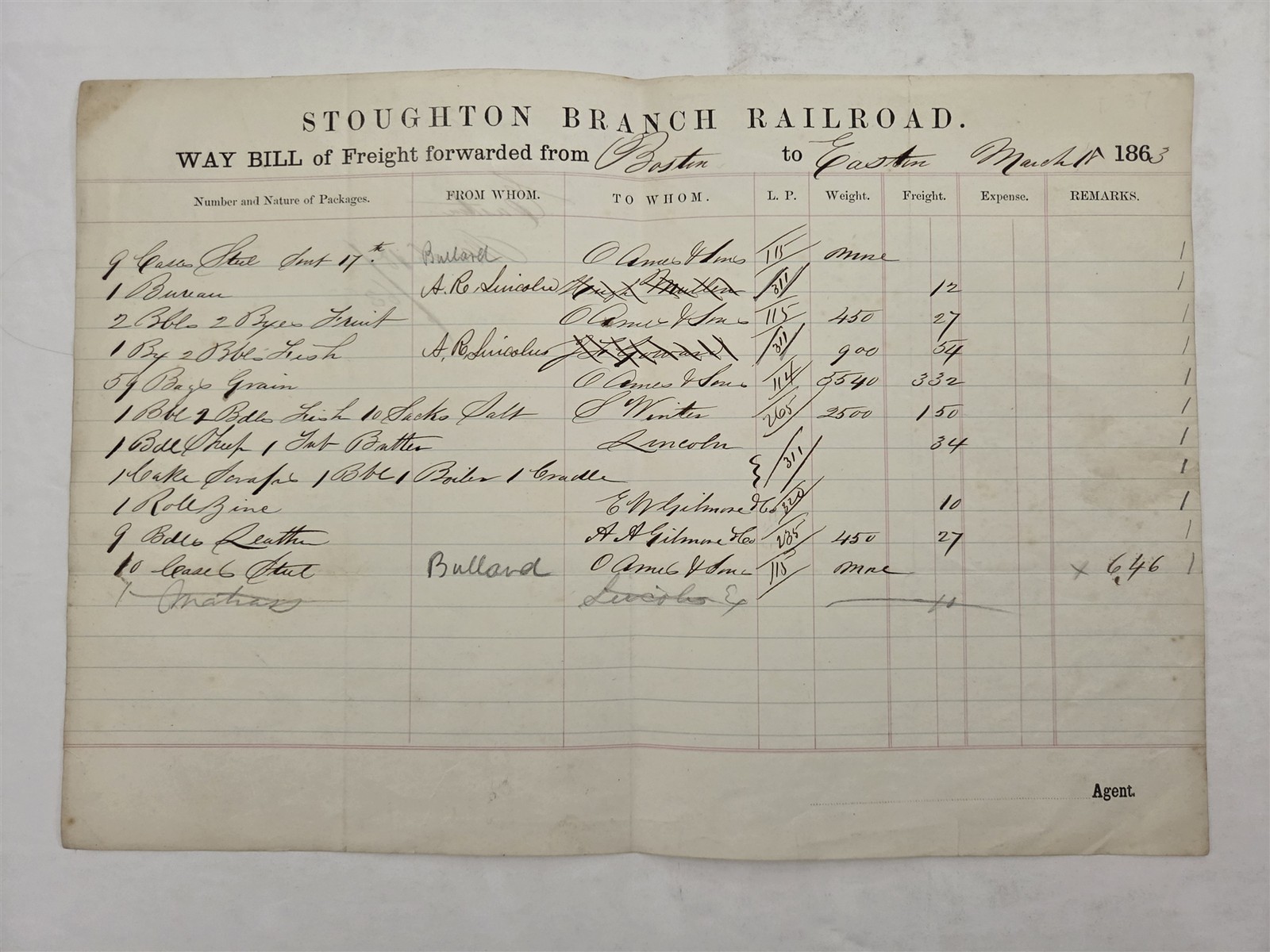 1863 antique STOUGHTON BRANCH RR WAY BILL FREIGHT RECEIPT boston ma to easton ma