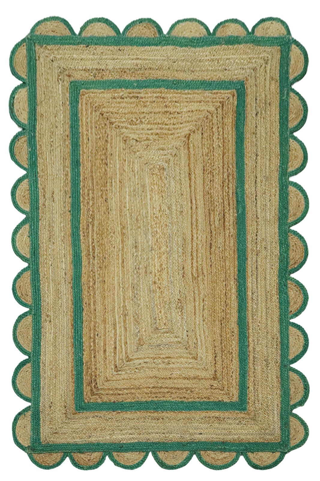 Handmade Beige Jute Rug Green Border Geometric Boho Area Carpet 4x6 ft