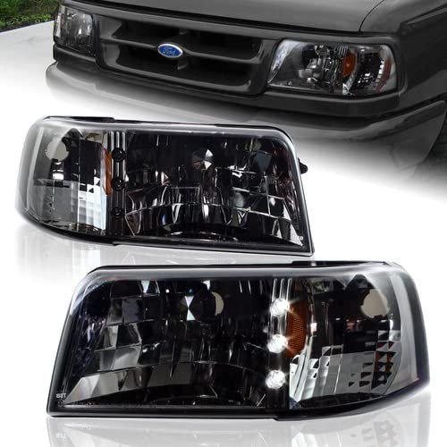 Chrome Smoke Lens LED Headlight for 1993-1997 Ford Ranger Amber Reflector
