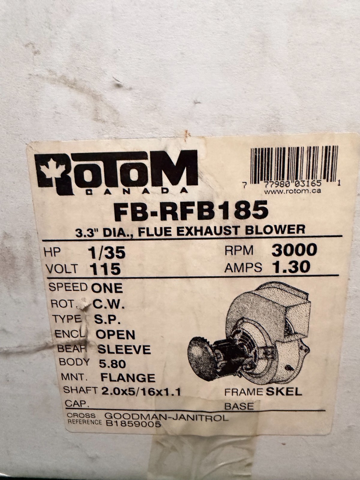 Rotom FB-RFB185 Draft Inducer Blower 115V for Goodman