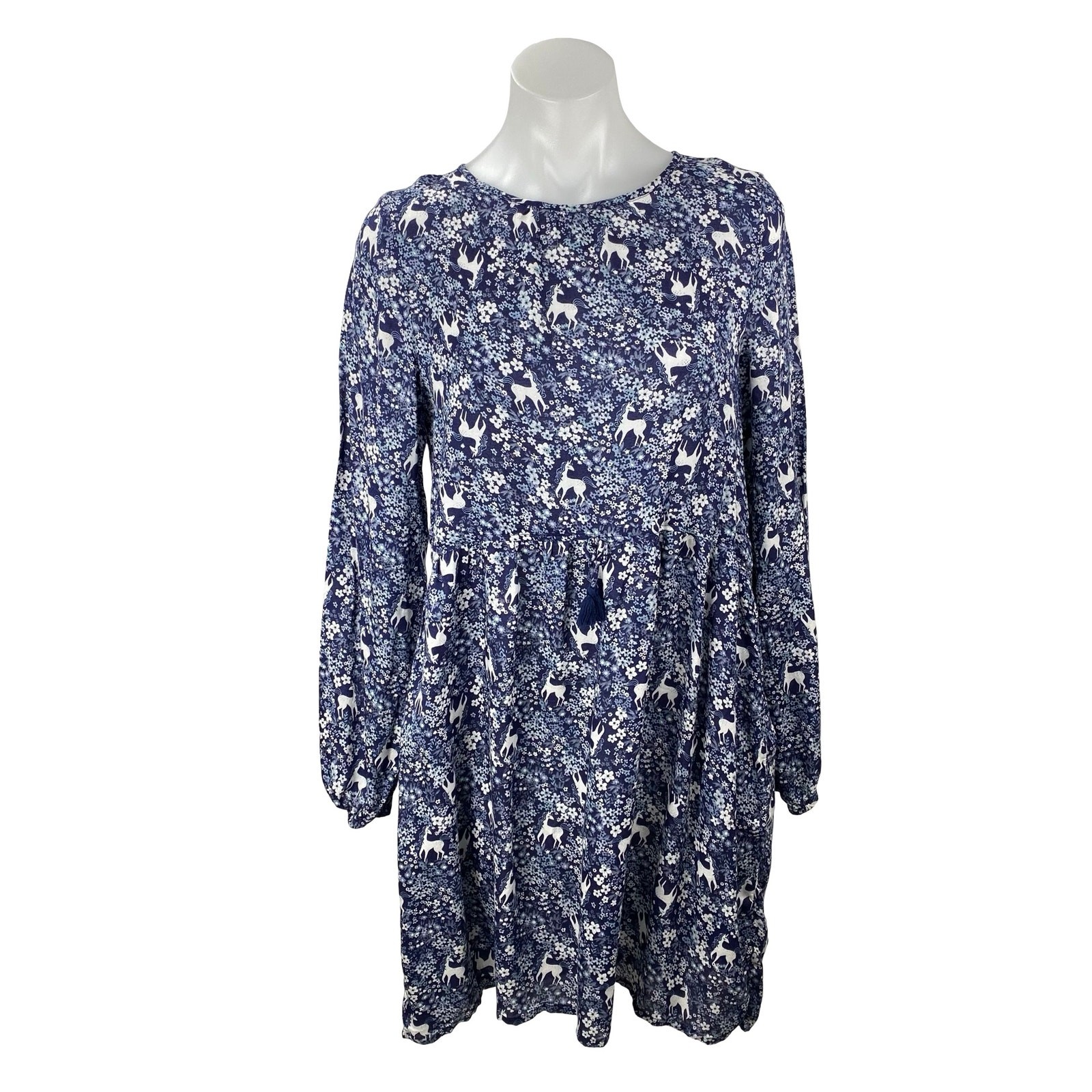 H&M Women\'s Blue Unicorn Floral Print Long Sleeve Mini Flare A-Line Dress Sz 14