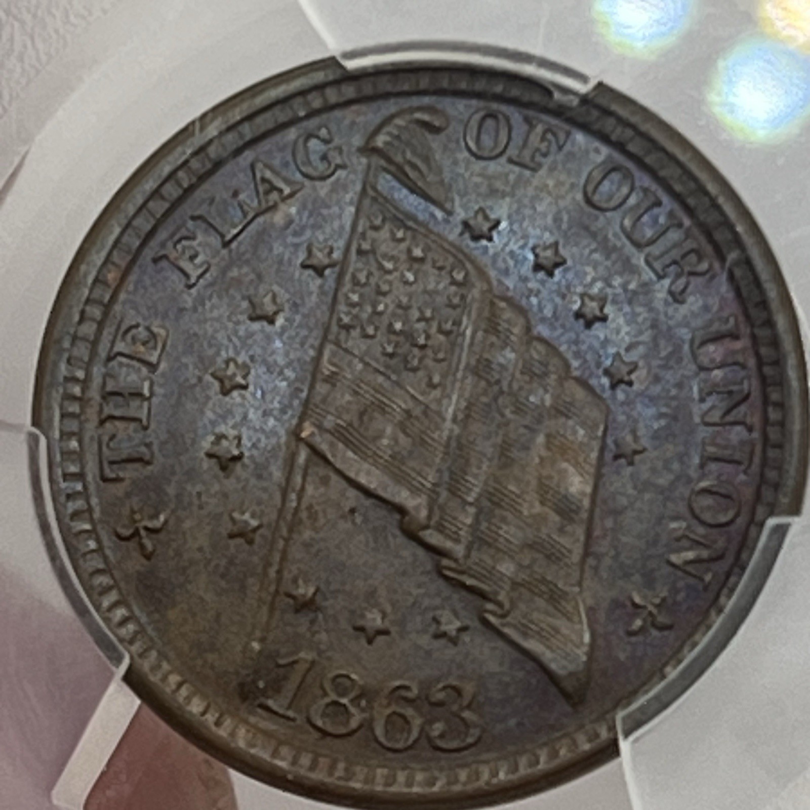 1863 civil war token The Flag Of Our Union/Fuld 207-409a PCGS TONER UNC DETAILS