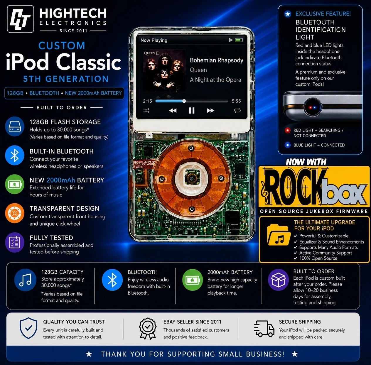 Custom Transparent iPod Classic 5th Gen 128GB Bluetooth & Rockbox Installed