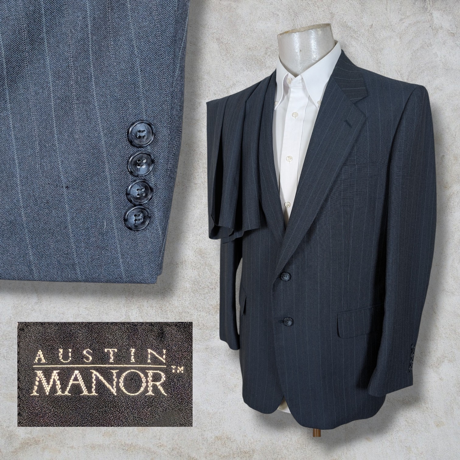 Vintage Austin Manor 2 Piece Suit Mens 42R Pants 34x32 Blue Stripe Wool Blend