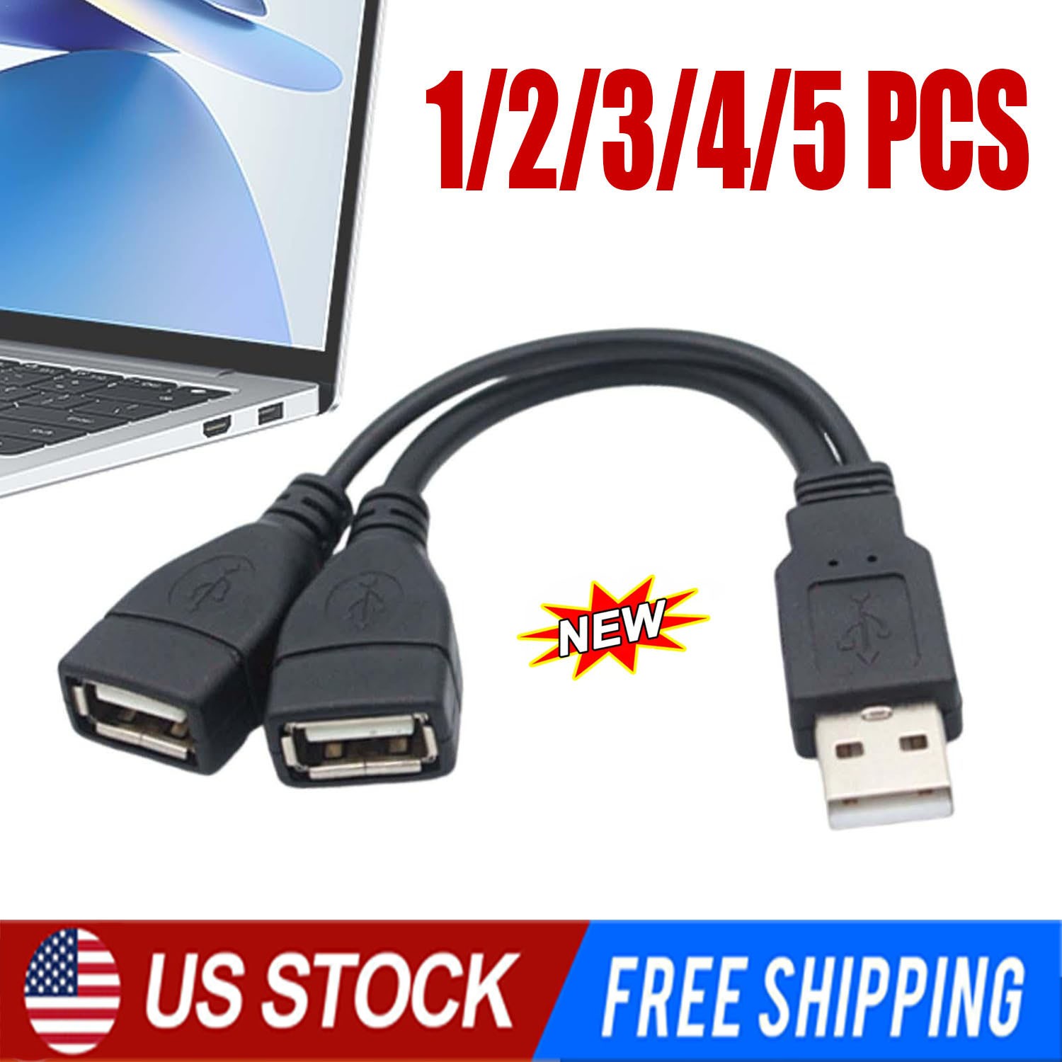 USB 2.0 A Male To 2 Dual USB Female Jack Y Splitter Hub Power Cord Adapter Cable
