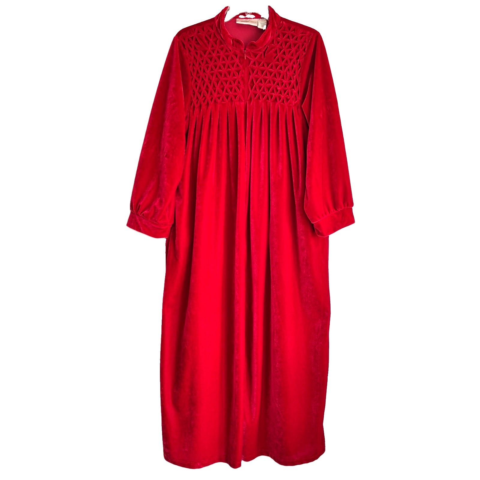 Vtg Red Velour Embroidered Zip Front Gown Housecoat Dressing Loungewear Vtg Red Velour Embroidered Zip Front Gown Housecoat Dressing Loungewear